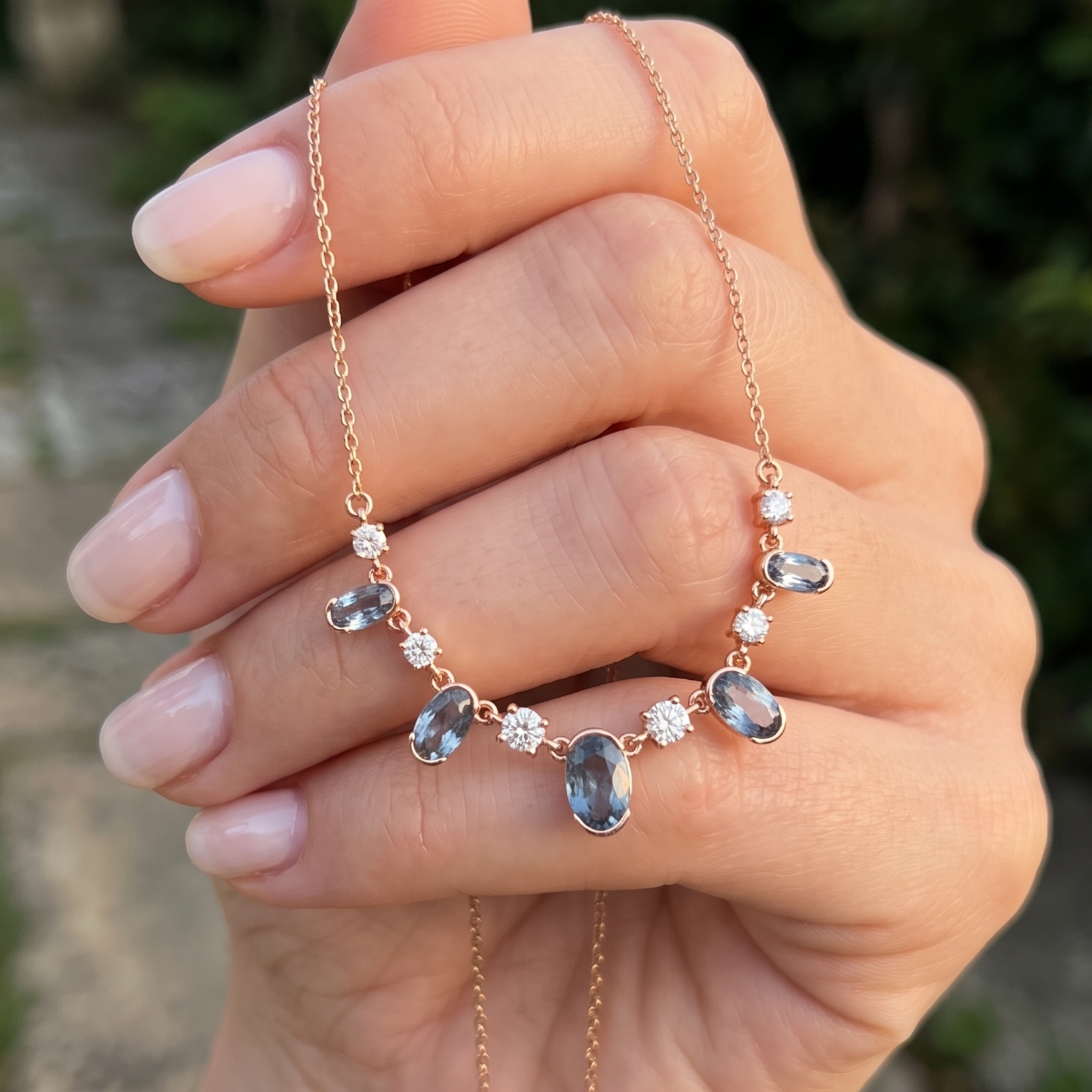 4.20 CTW oval and round diamond station necklace in polished yellow gold.