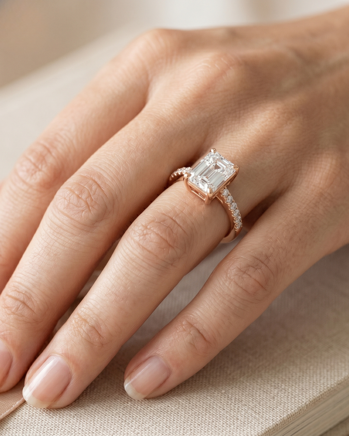 Luxury radiant-cut lab-grown diamond solitaire ring by Kiashaa Jewellery in rose gold with round side diamonds.