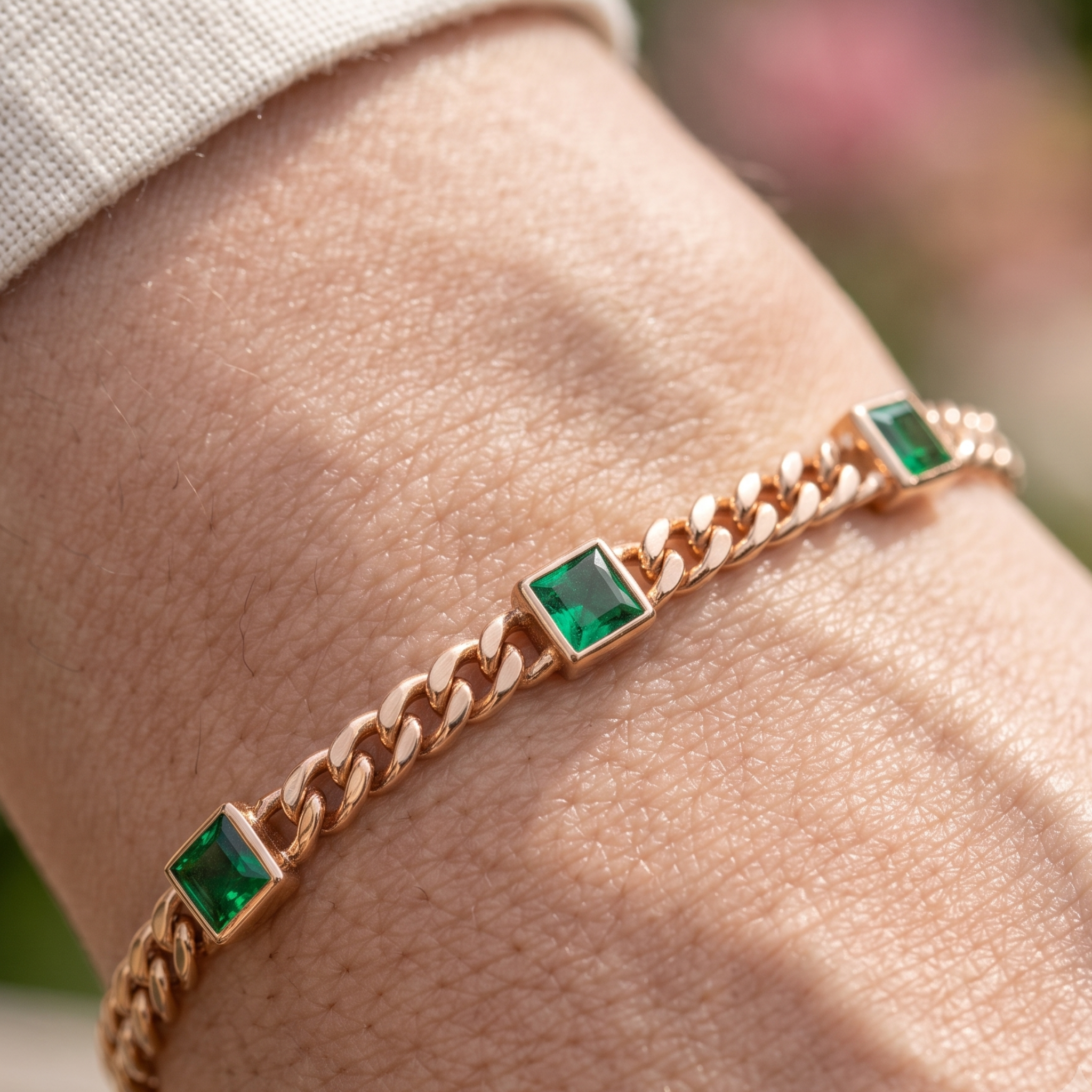 Kiashaa Jewellery 2.047 CTW green princess-cut Cuban bracelet in polished yellow gold.