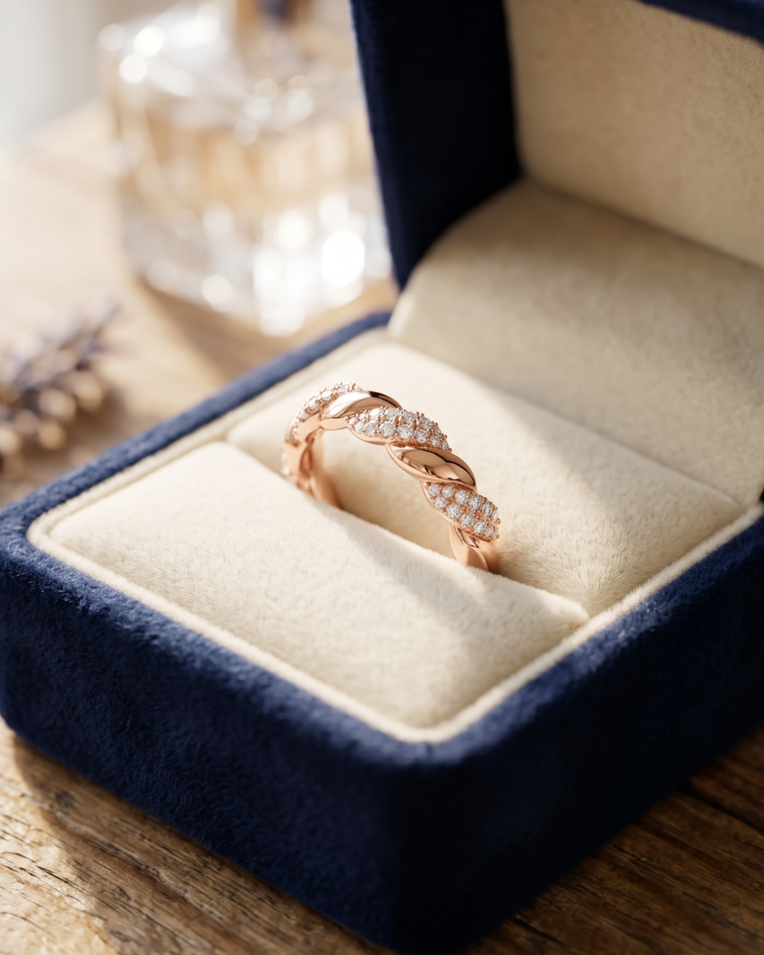 Kiashaa Jewellery round diamond ring in rose gold featuring an infinity-inspired twisted statement band.