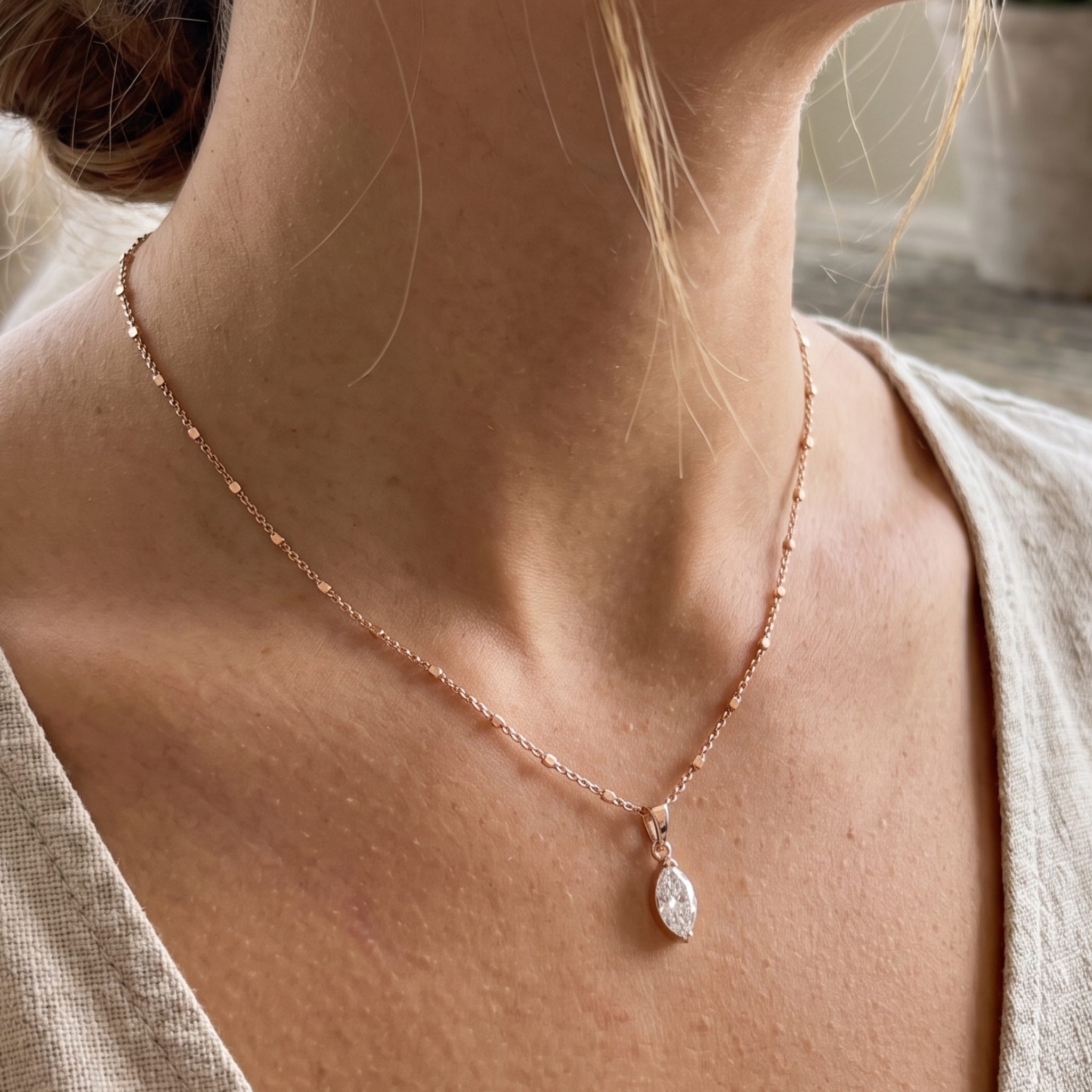 Eternal Marquise 0.66 CT solitaire pendant necklace by Kiashaa Jewellery featuring a 9 × 4.5 mm marquise center stone.