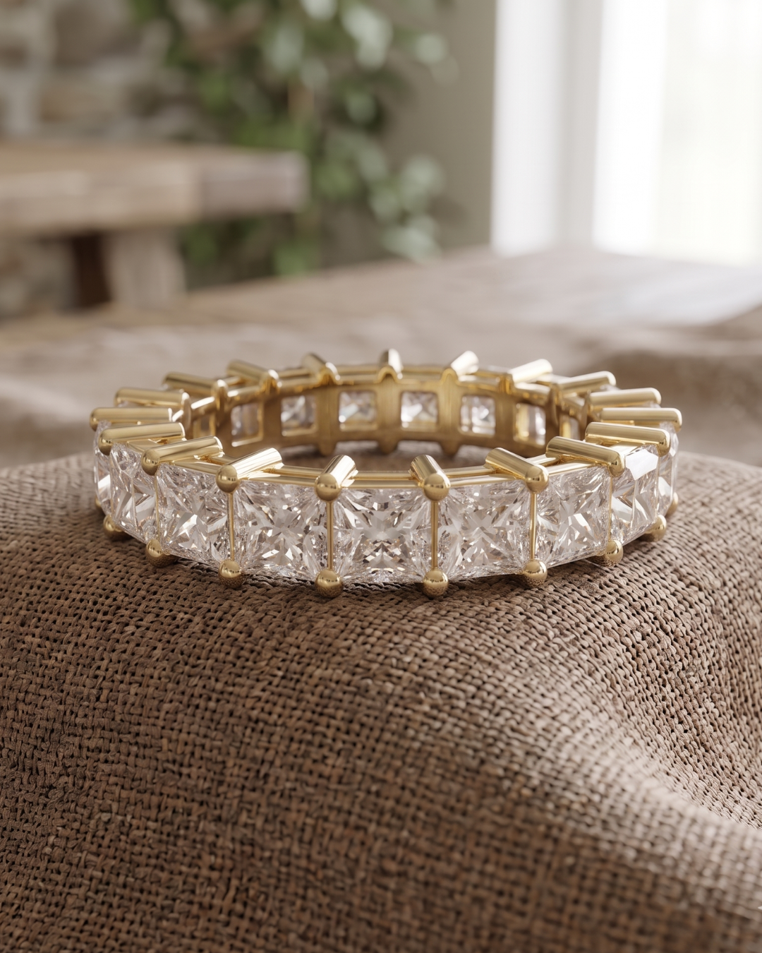 Women’s princess-cut lab-grown diamond eternity ring by Kiashaa Jewellery in 14K gold with radiant sparkle.