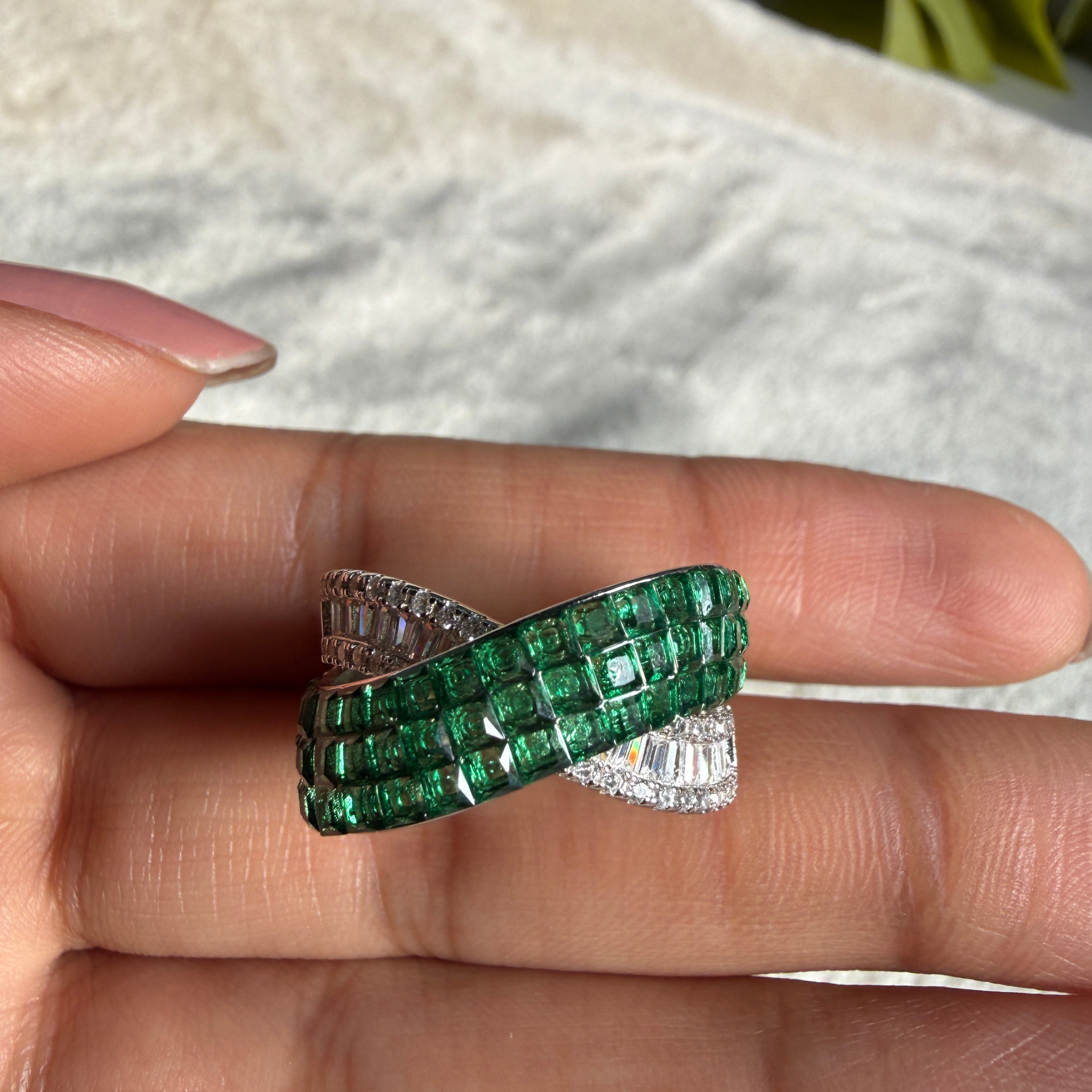 Green CZ and lab-grown diamond bypass statement ring by Kiashaa Jewellery.