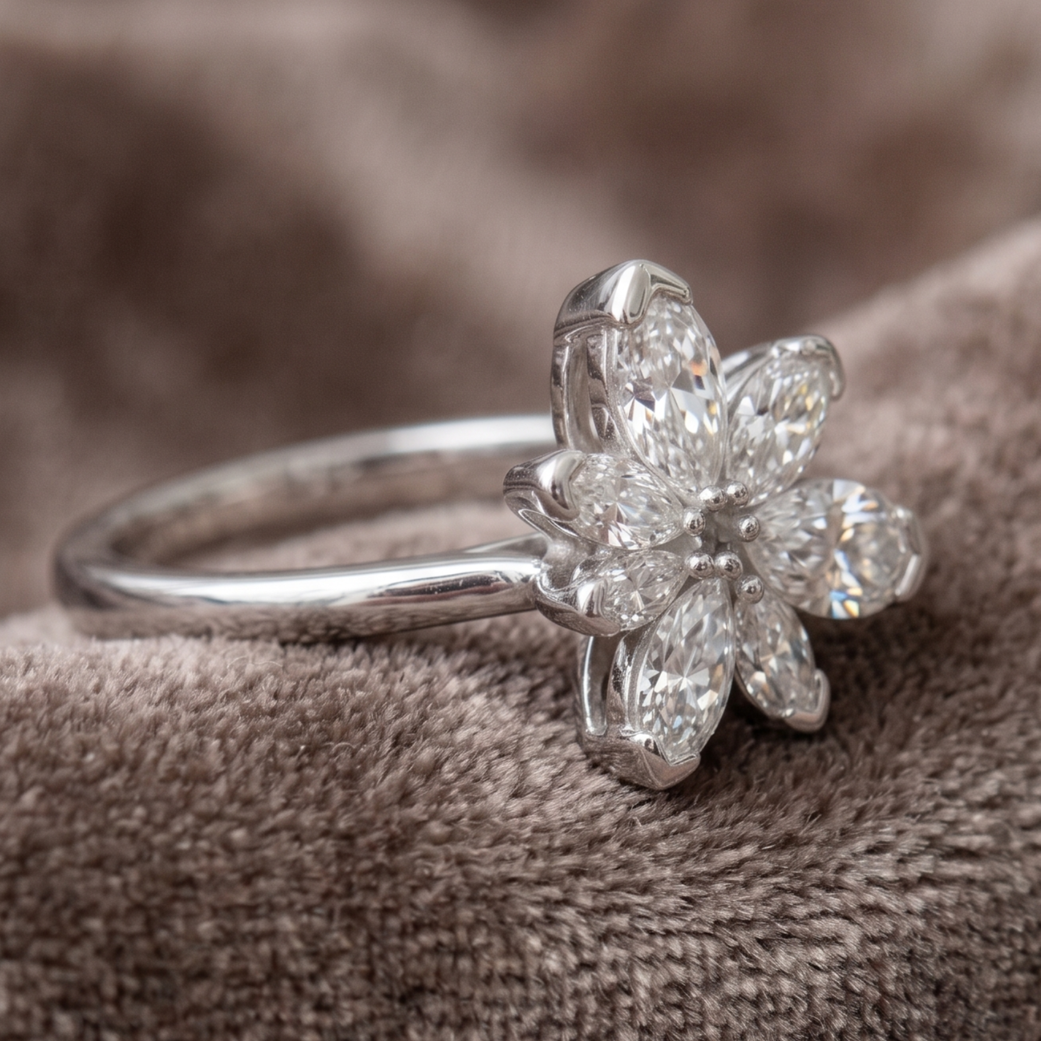Élan Bloom 2 CTW pear diamond flower ring by Kiashaa Jewellery featuring approximately seven pear-shaped diamond petals.