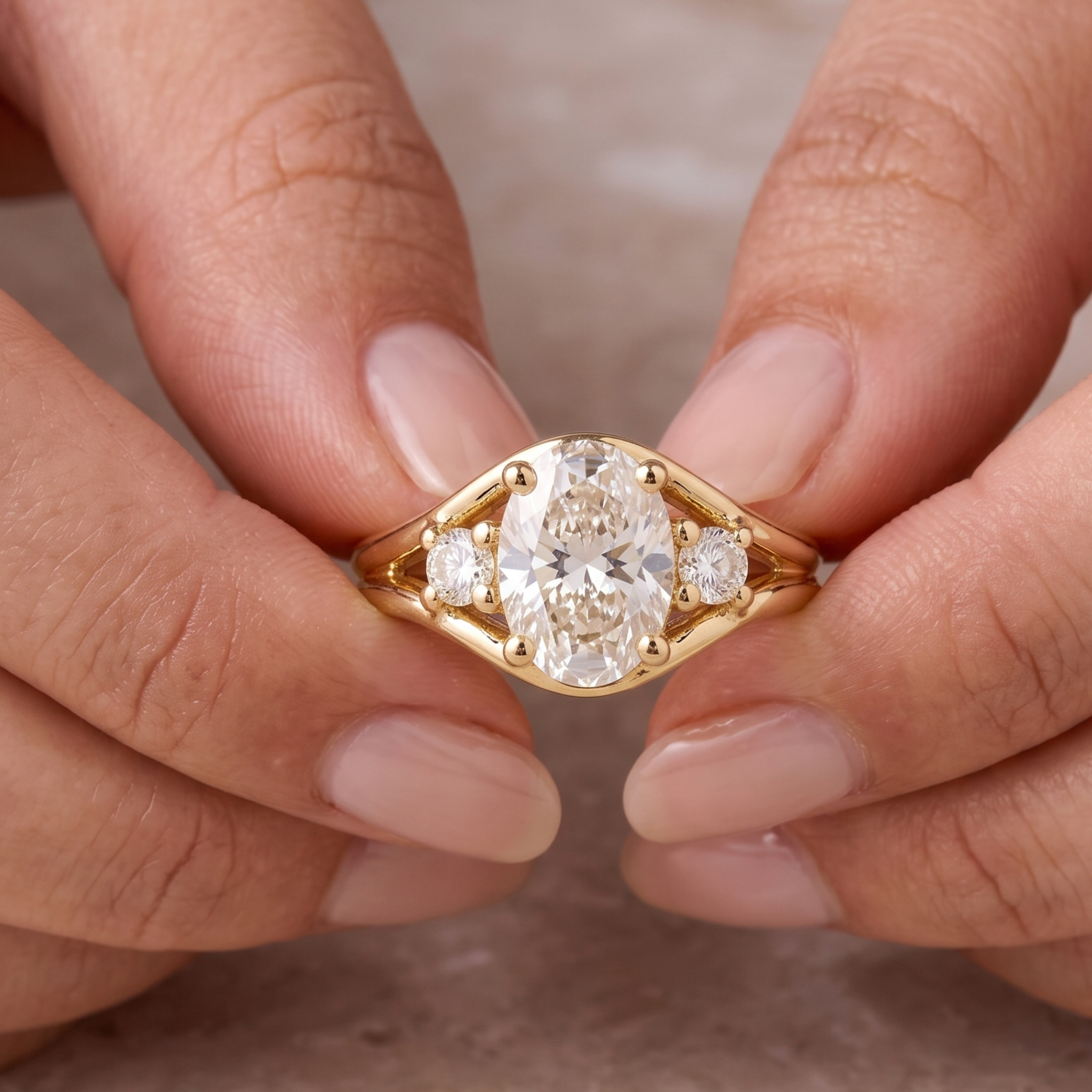 Luxury oval three-stone ring available in white yellow and rose gold