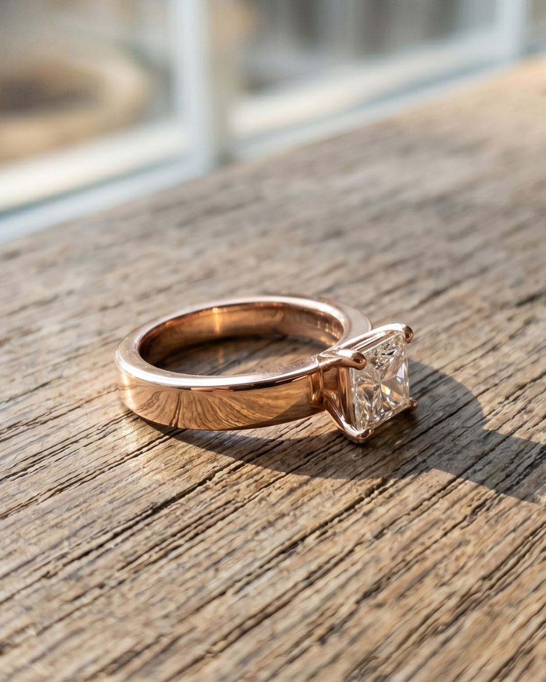 Ladies princess lab-grown diamond engagement ring by Kiashaa Jewellery in rose gold with timeless styling.