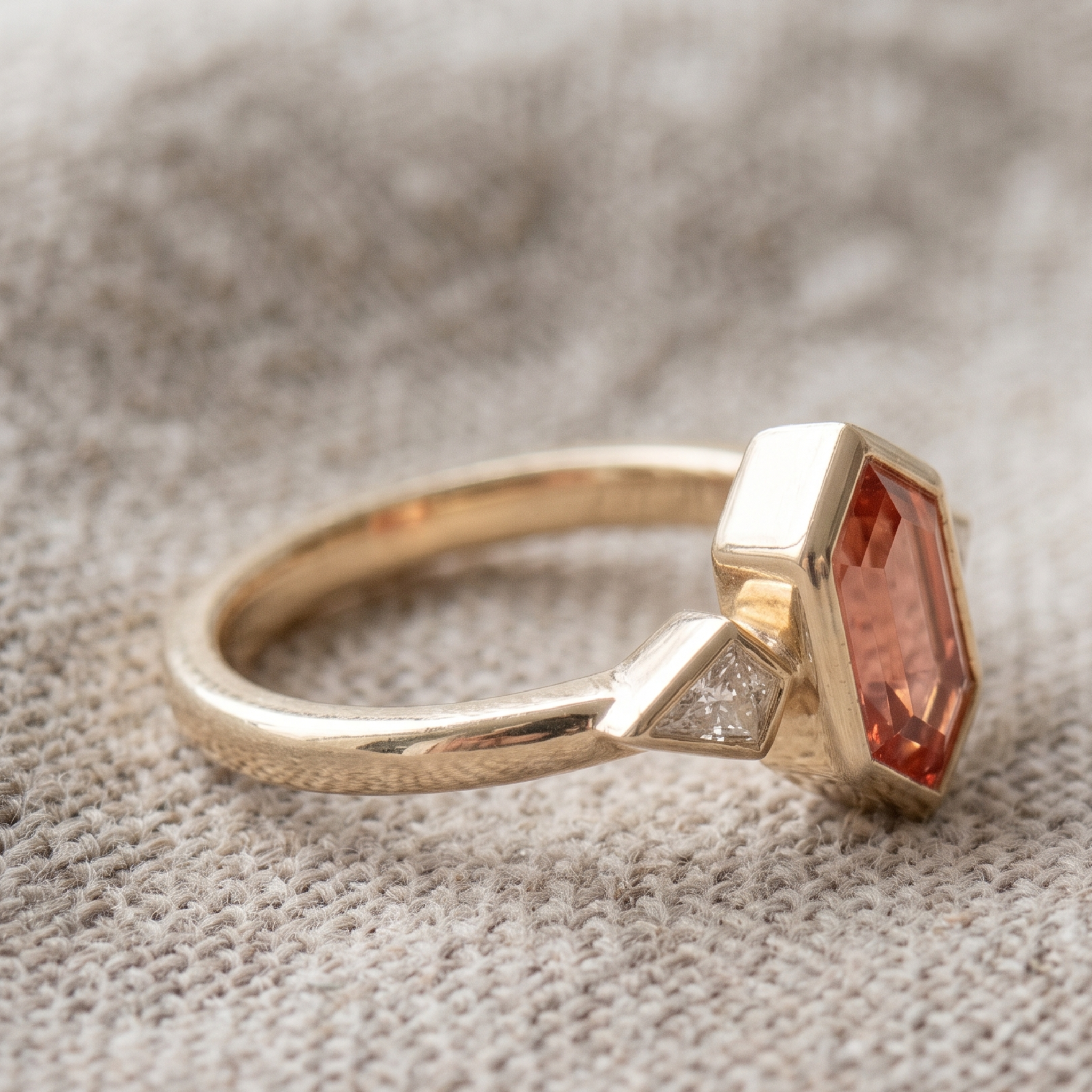 Kiashaa Jewellery 3 CTW pink geometric three-stone ring in polished yellow gold.