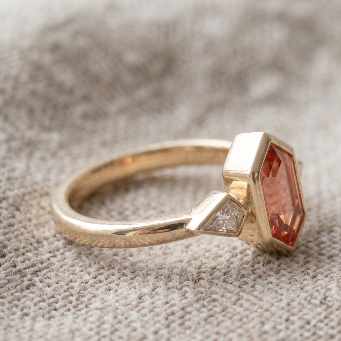 Kiashaa Jewellery 3 CTW pink geometric three-stone ring in polished yellow gold.