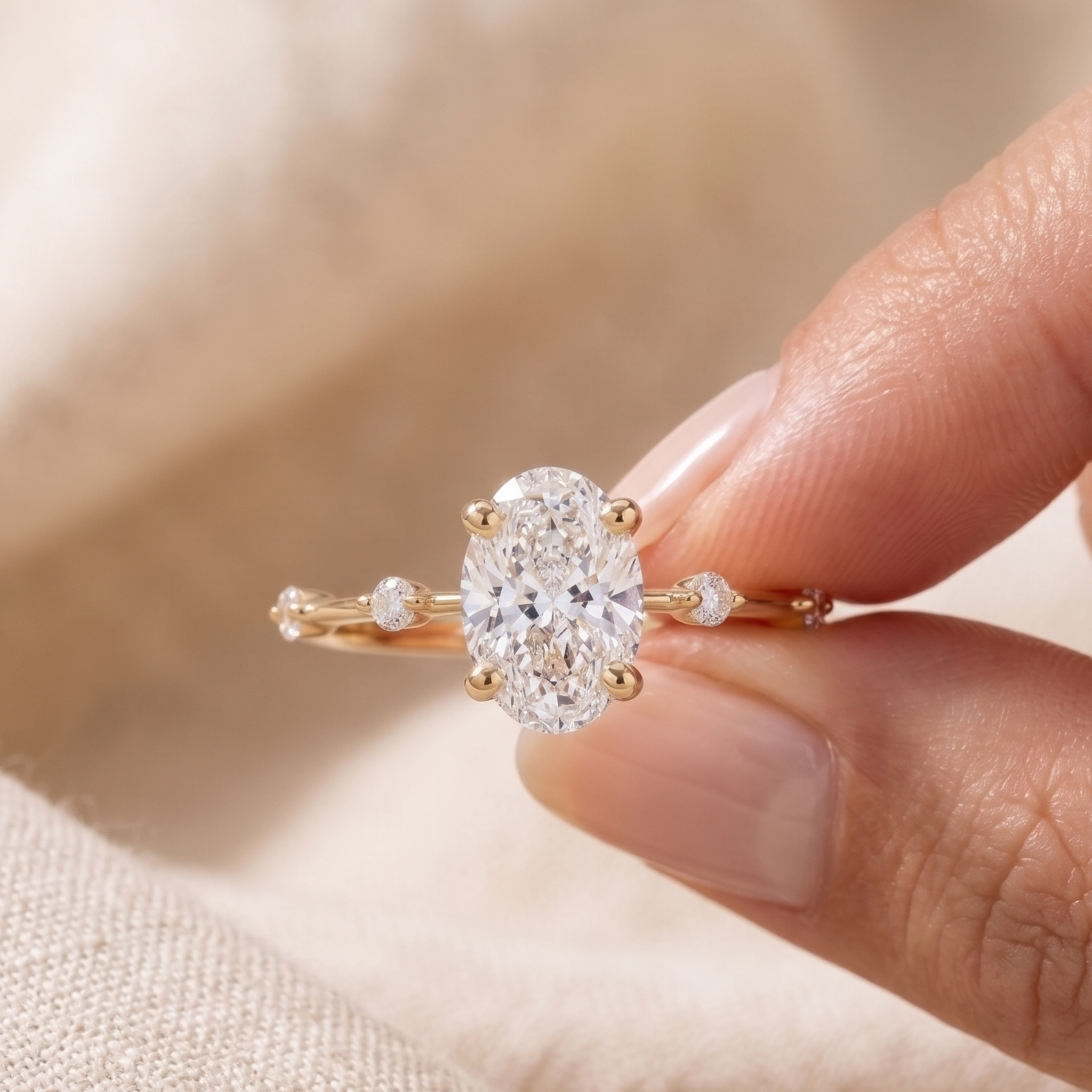 Kiashaa Jewellery oval diamond ring with floating diamond accents