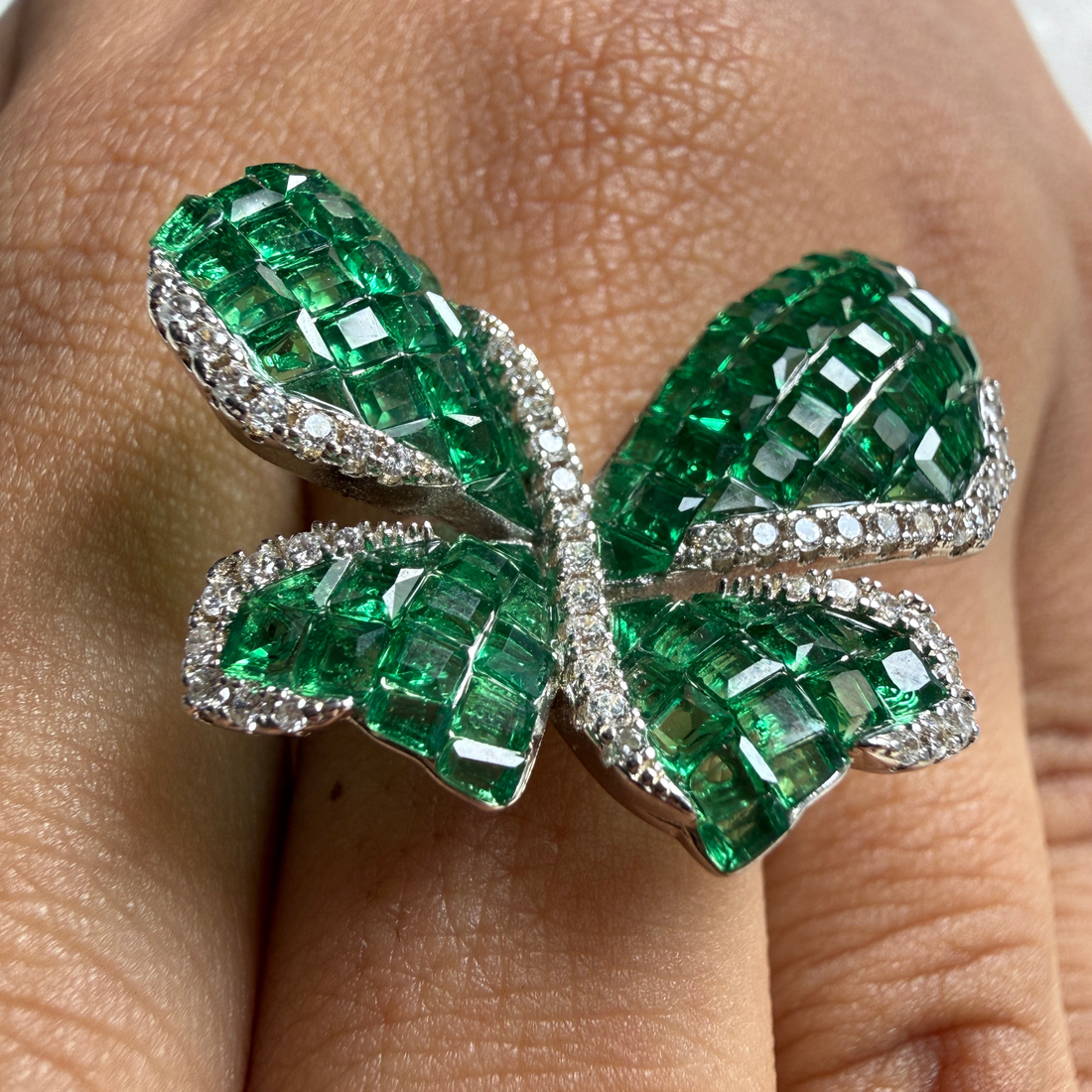 Green CZ butterfly and lab-grown diamond statement ring by Kiashaa Jewellery.