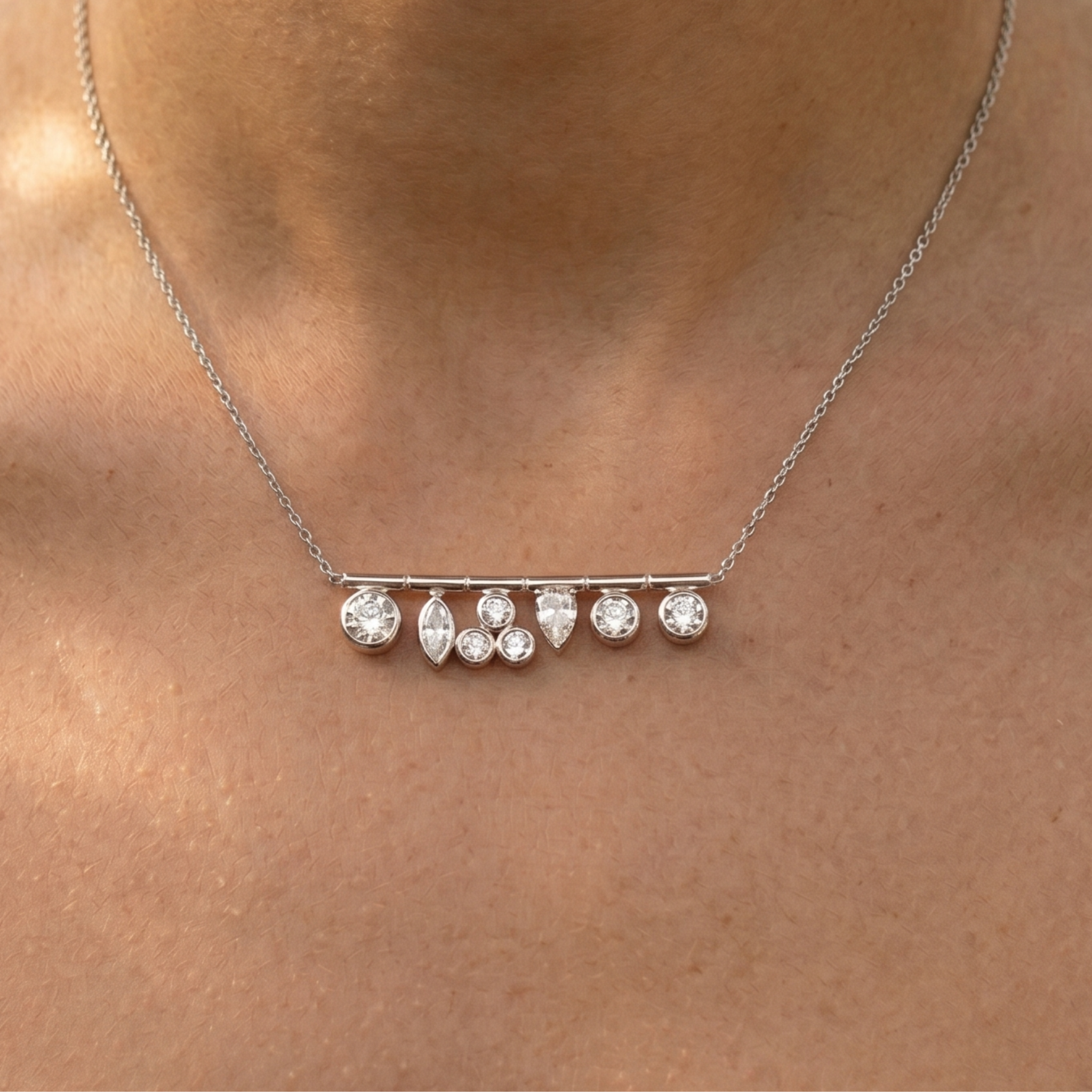 Celestial Cascade 1.30 CT Multi-Shape Diamond Bar Necklace