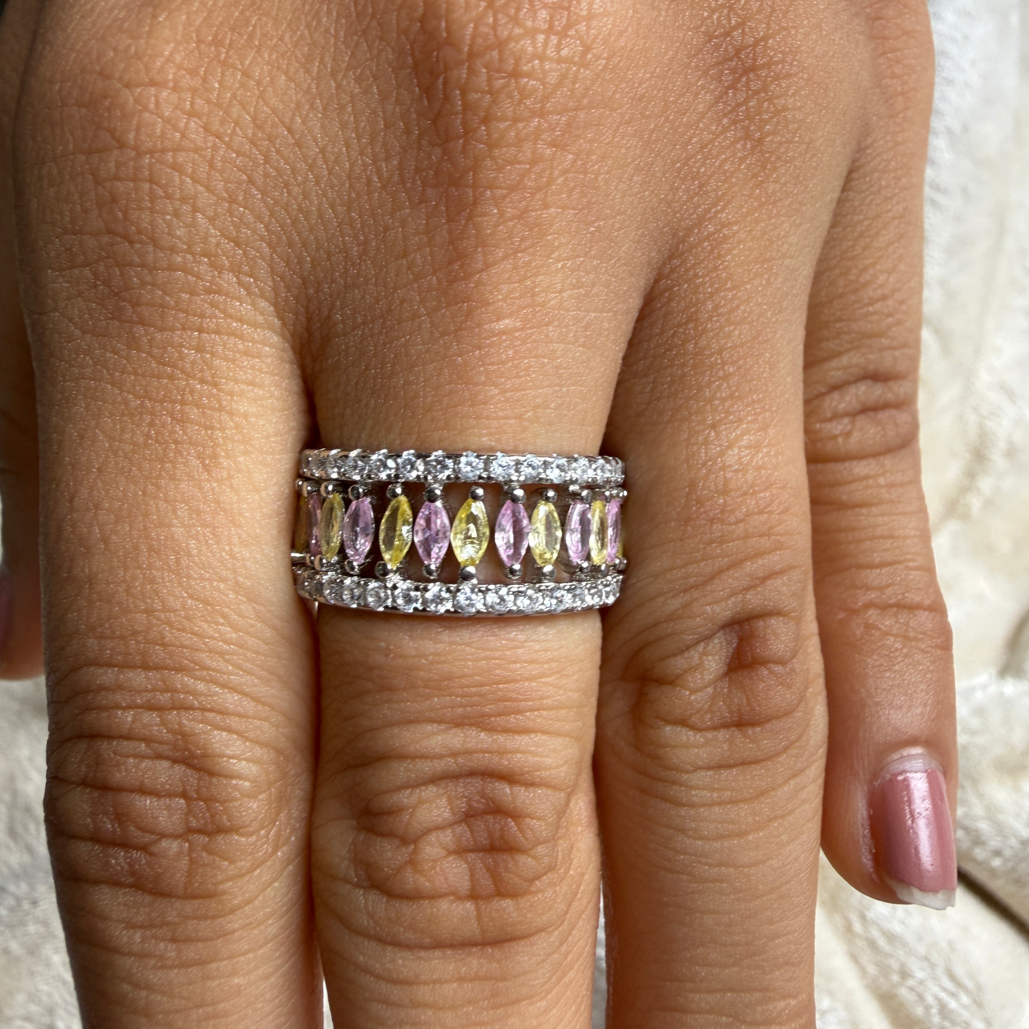 Pastel marquise gemstone and lab-grown diamond band ring by Kiashaa Jewellery.