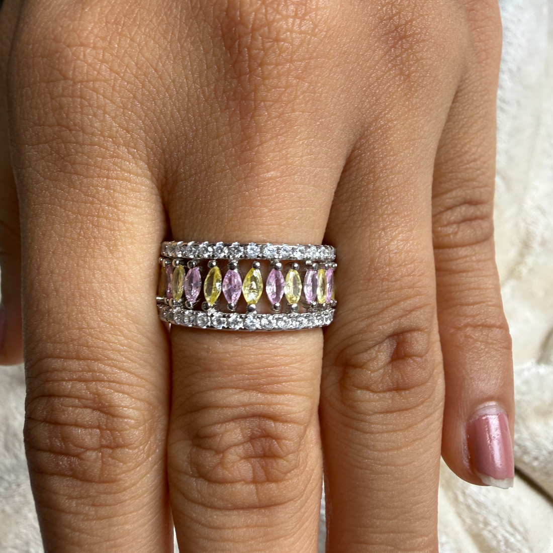 Pastel marquise gemstone and lab-grown diamond band ring by Kiashaa Jewellery.