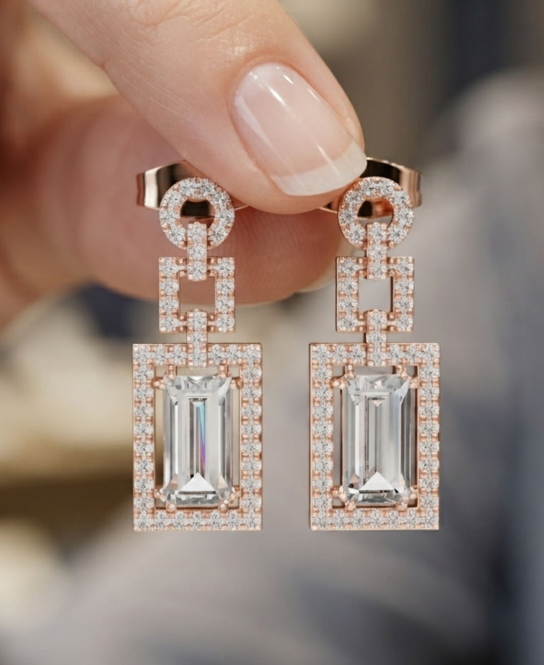 Front view of rectangular diamond halo earrings featuring large baguette-cut centre stones.