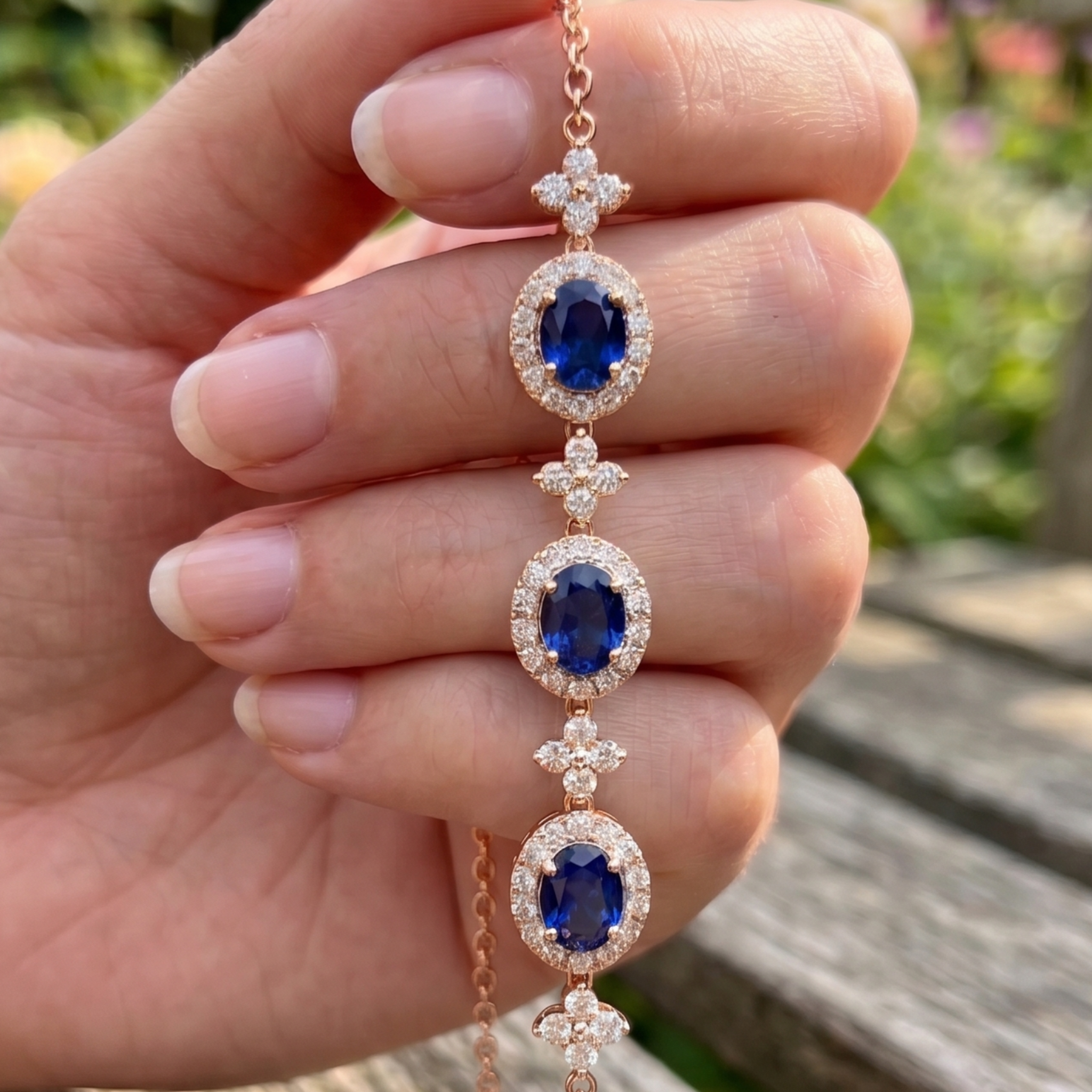 Royal blue oval gemstone bracelet with round lab-grown diamond halos by Kiashaa Jewellery.