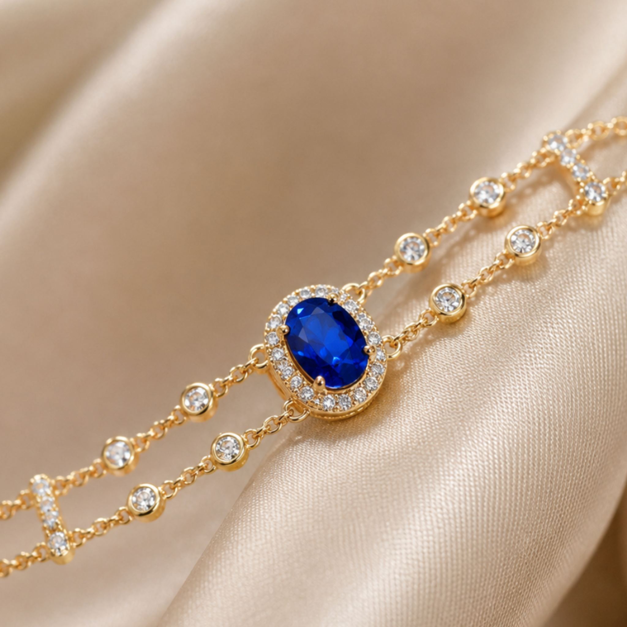 2 CT oval blue sapphire bracelet with diamond halo in yellow gold by Kiashaa Jewellery.