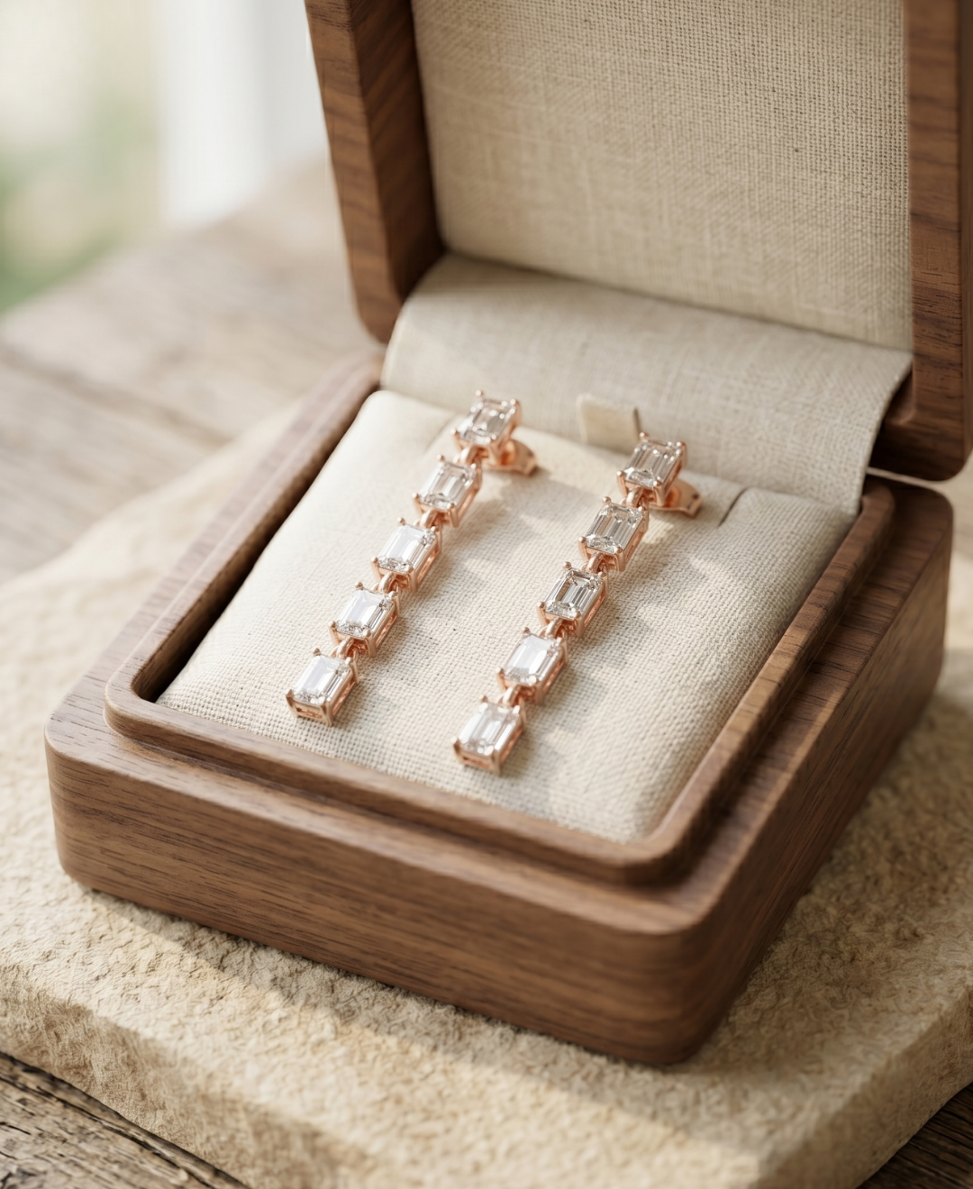 Kiashaa Jewellery 3.20 CT emerald diamond earrings in rose gold with a modern linear drop silhouette.