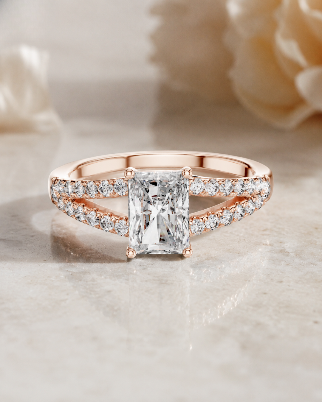 Kiashaa Jewellery 1.990 CT radiant diamond ring in rose gold with elegant double-row diamond detailing.
