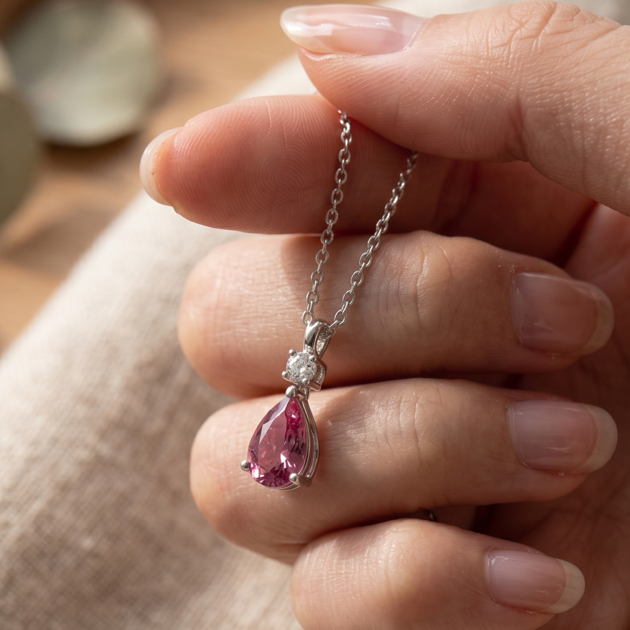 Blush Drop 0.90 CTW pink pear pendant necklace by Kiashaa Jewellery with an 8 × 5 mm pear-shaped center stone.