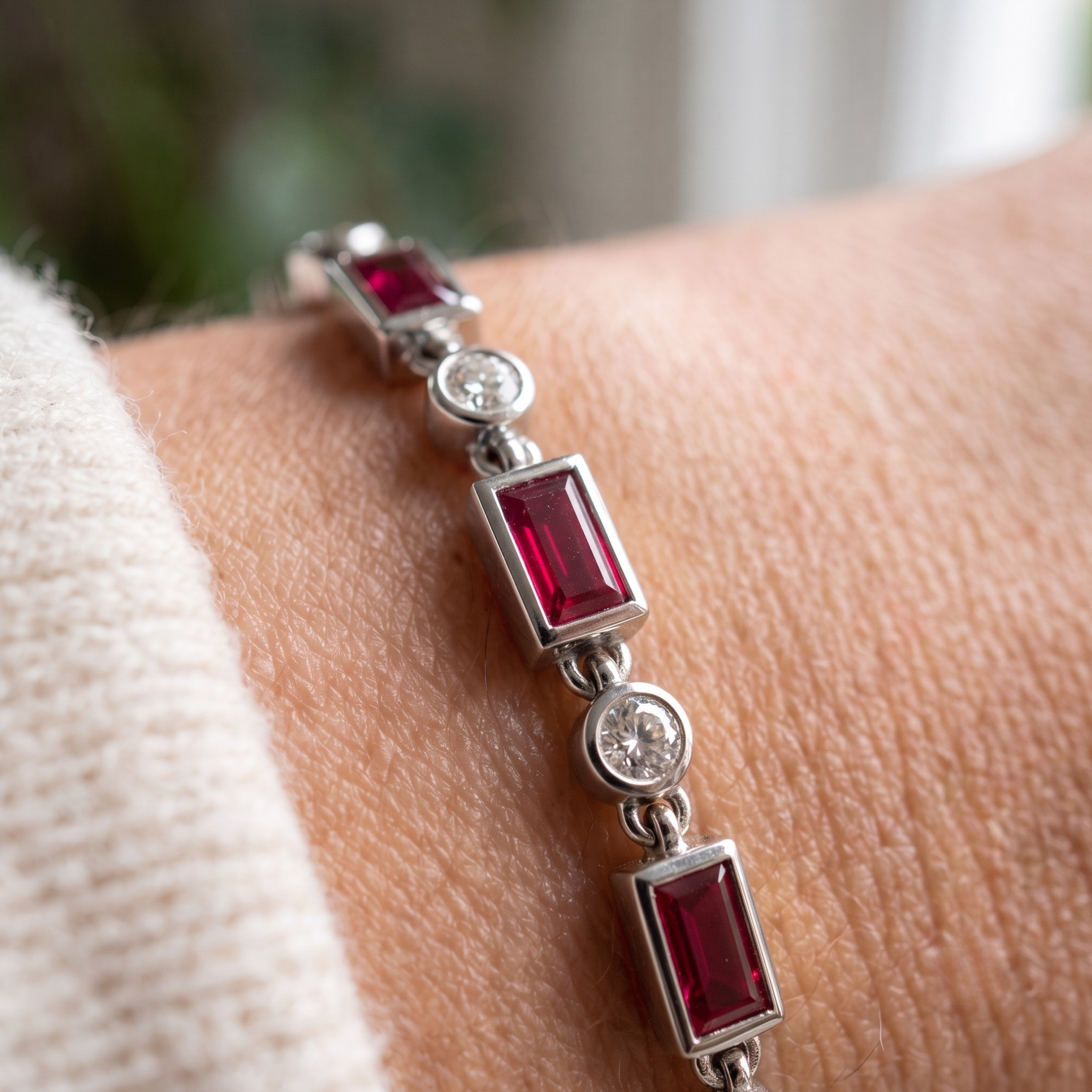 Kiashaa Jewellery 1.91 CTW red baguette and round diamond bracelet in polished yellow gold.