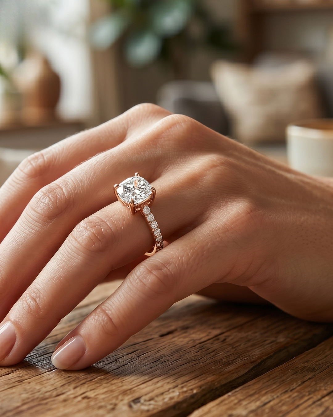 Rose gold cushion diamond ring displayed in a jewellery box.
