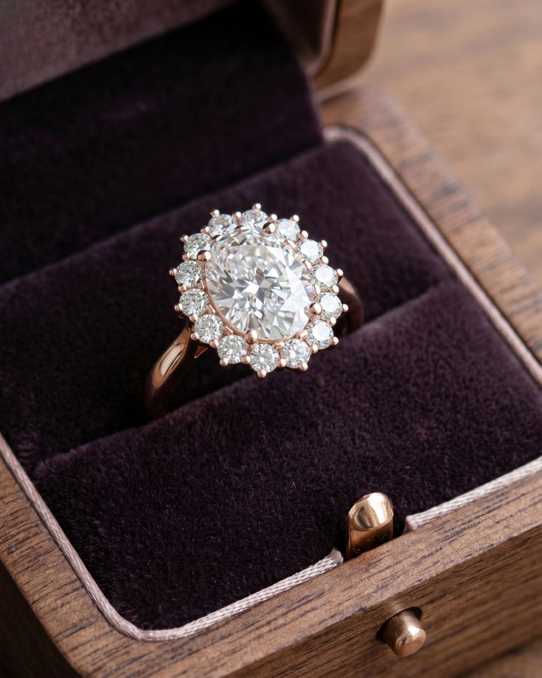 Kiashaa Jewellery 2.560 CT oval diamond ring in rose gold featuring a radiant floral-inspired diamond halo.