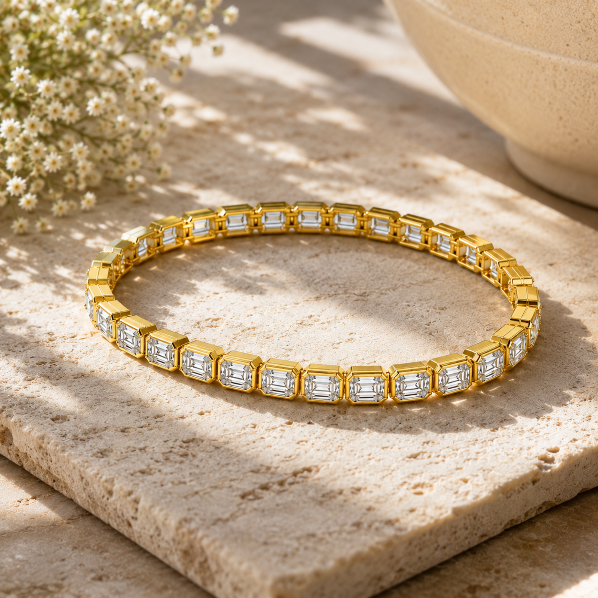 A gold tennis bracelet with rectangular Emerald-cut clear stones, displayed on a textured beige stone slab with soft shadows and small white flowers in the background.
