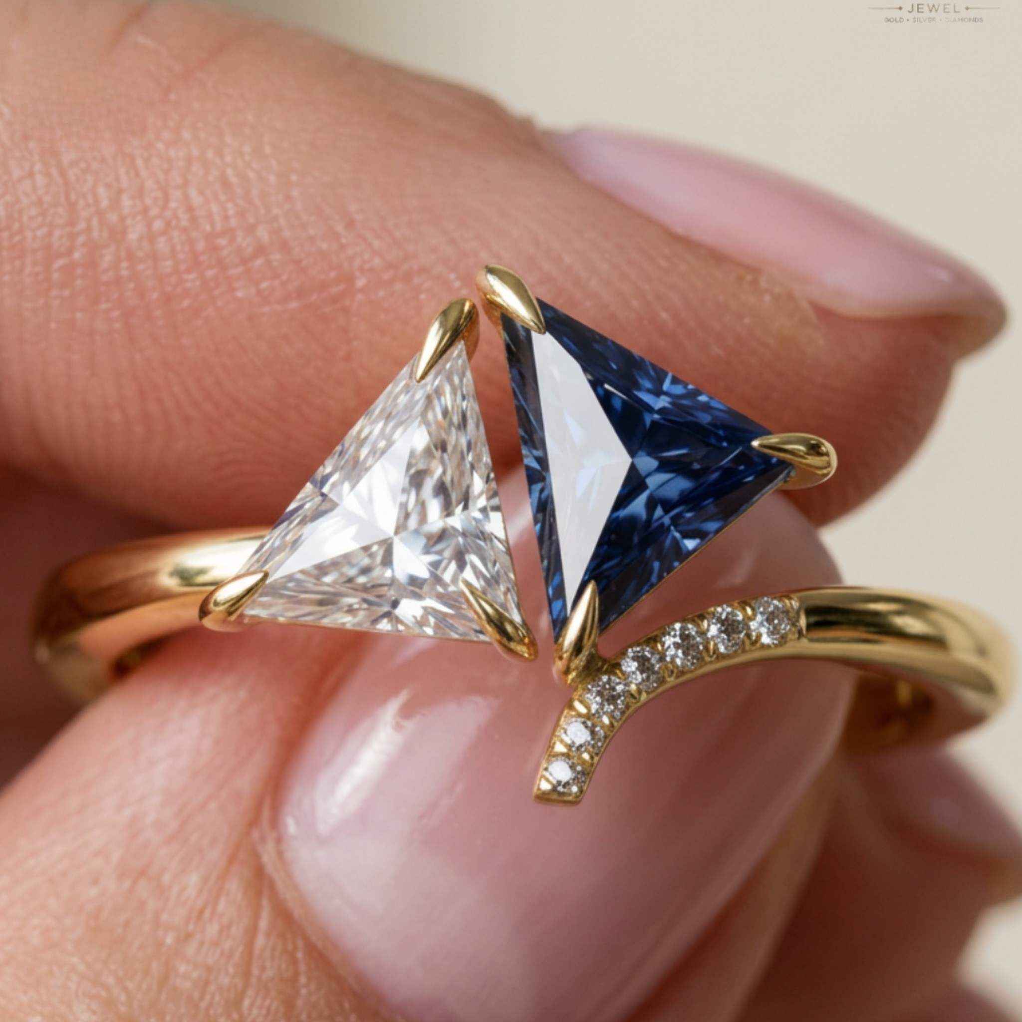 A close-up of a gold ring being worn on a finger, featuring a triangular clear gemstone on one side and a triangular deep blue gemstone on the other, with a curved row of small clear stones on the band.