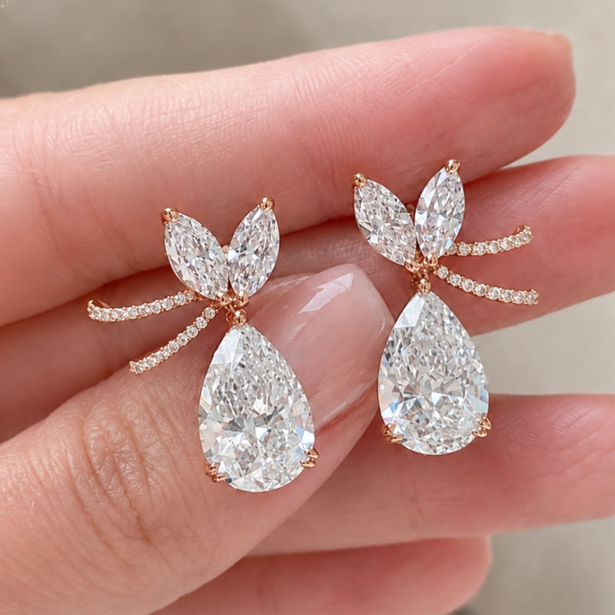 A pair of rose gold drop earrings with marquise-cut and pear-cut clear gemstones, held on a person's fingers against a soft neutral background.