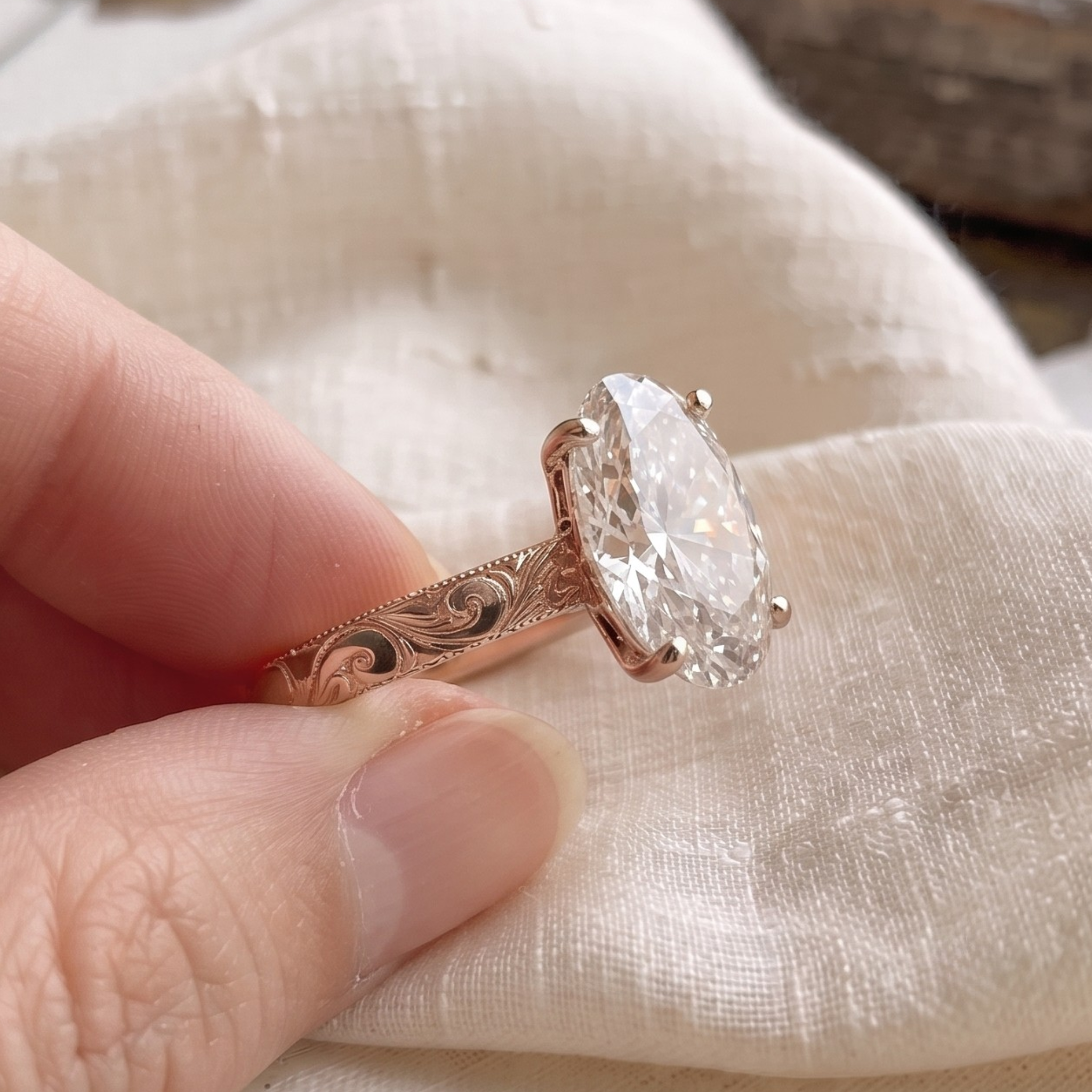 Vintage-Inspired 3 CT Oval Diamond Engraved Solitaire Ring in 14K & 18K Gold