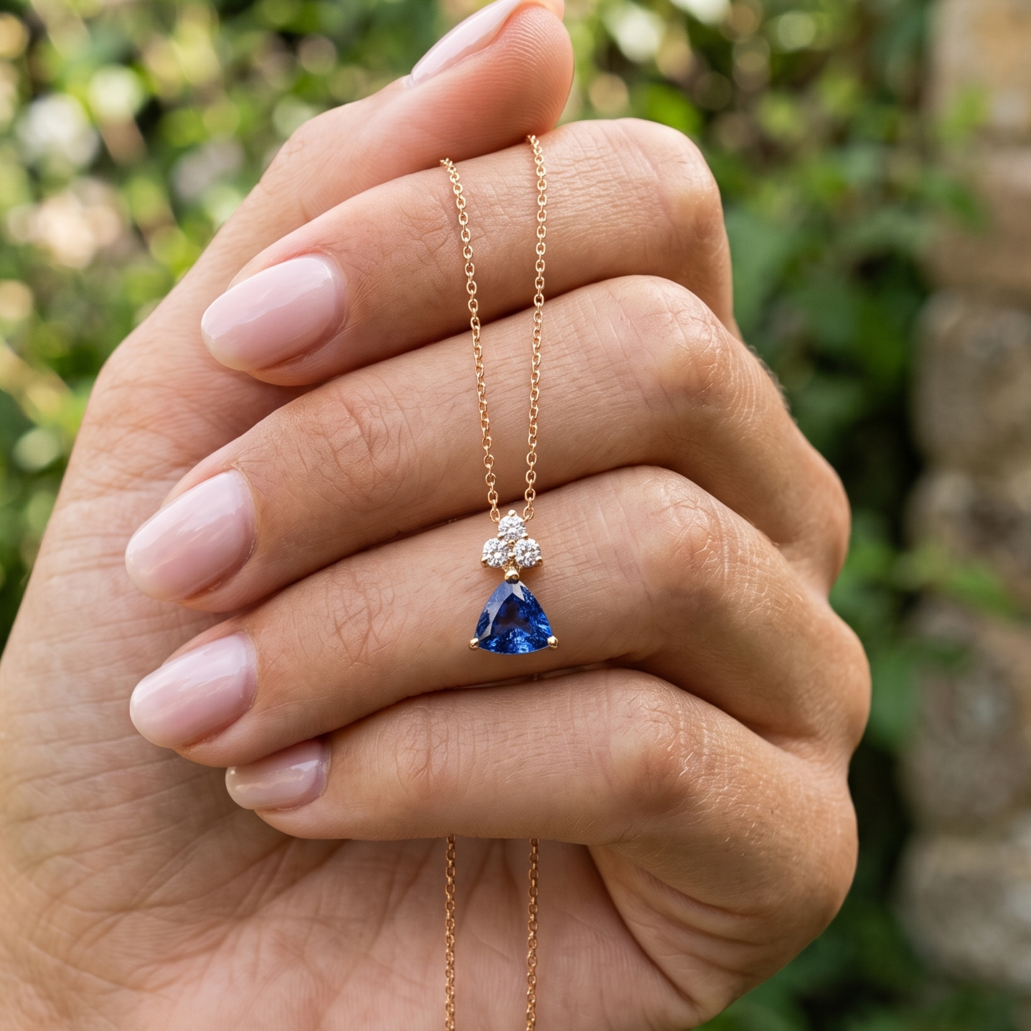 0.96 CTW blue trillion pendant necklace with a 6 mm center stone and three round diamond accents.