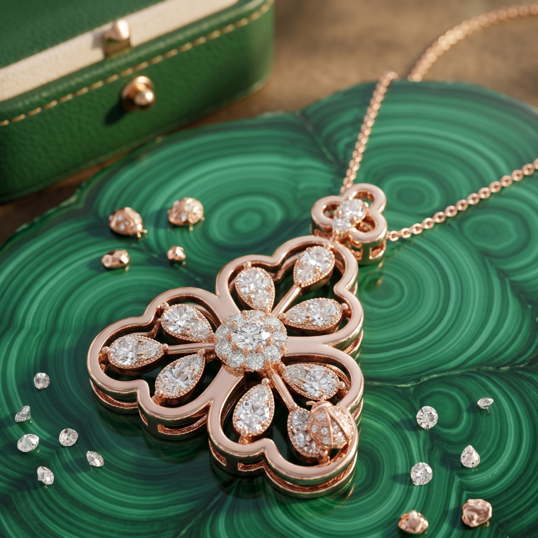 A rose gold flower-shaped pendant necklace with sparkling clear gemstones, displayed on a textured green malachite surface with scattered loose stones and a green jewelry box in the background.