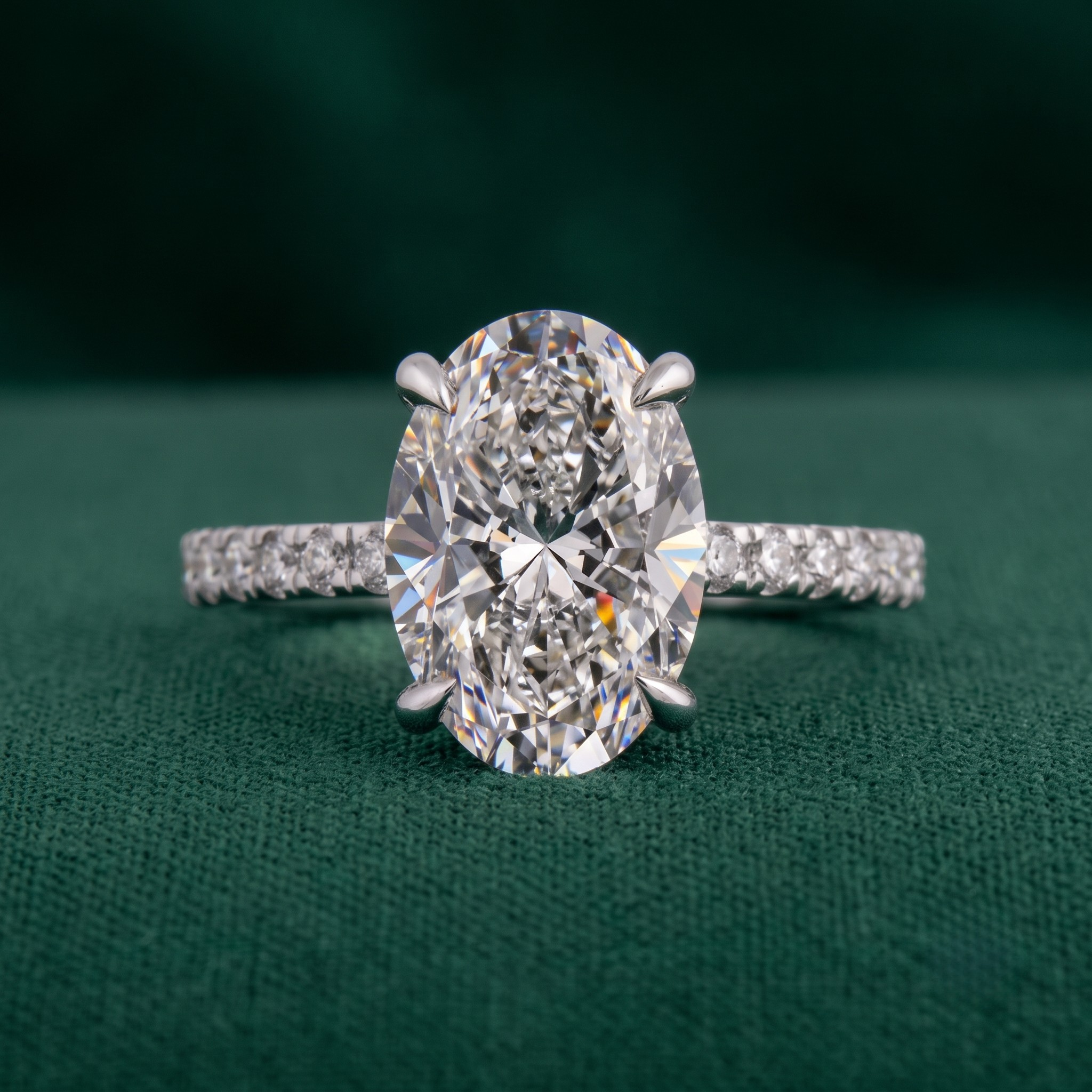 An oval-cut diamond engagement ring with a silver-toned prong setting and a diamond-encrusted band, displayed on a textured dark green fabric background.