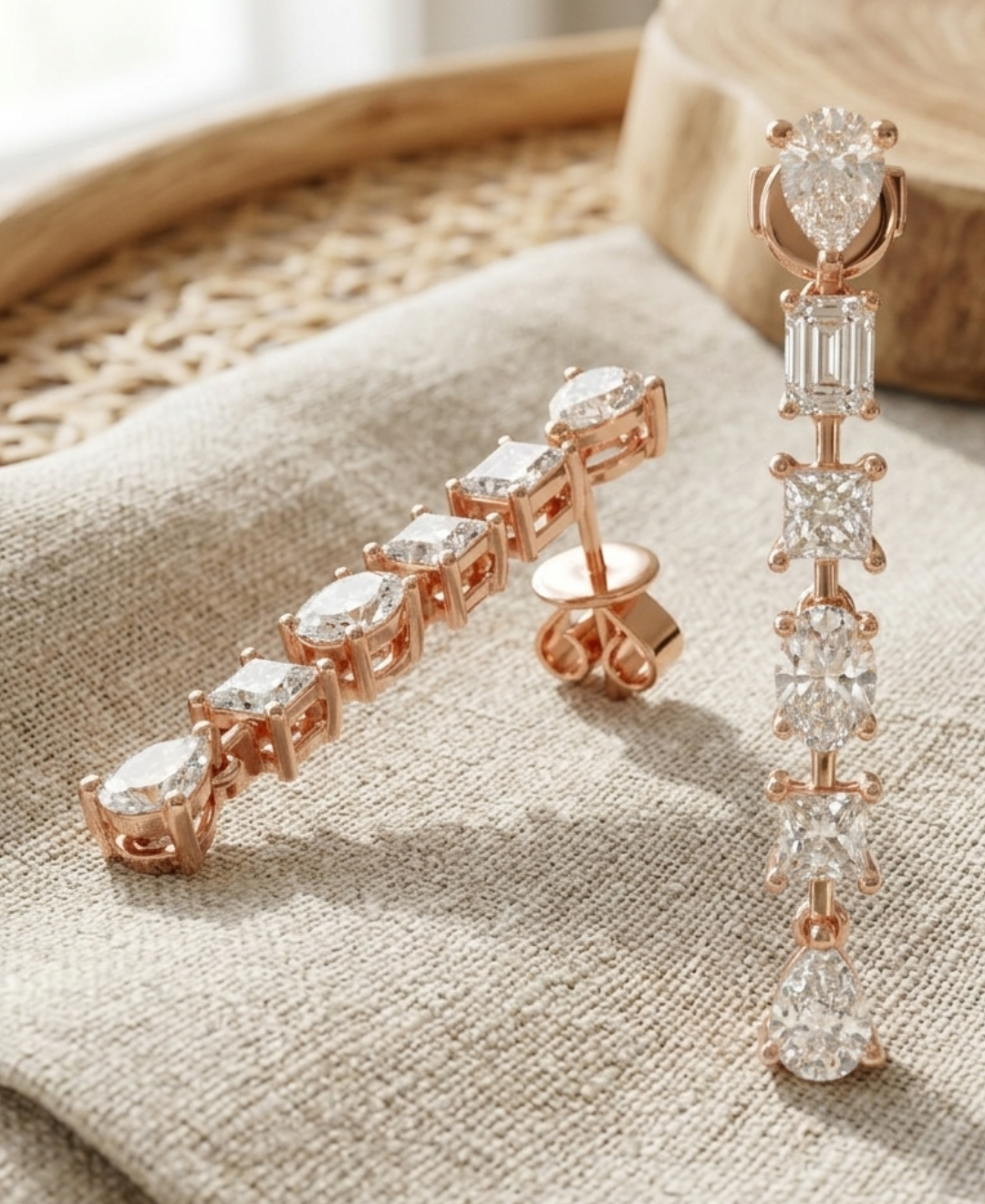 Linear lab-grown diamond earrings with pear-cut studs, geometric centre stones, and suspended pear drops.