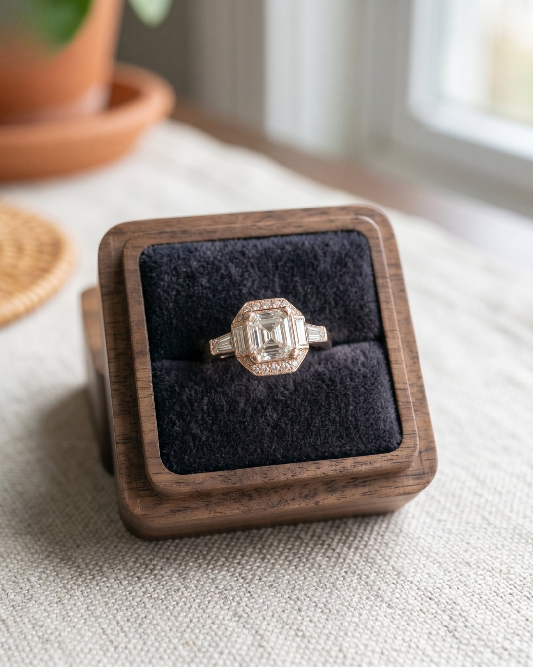 Luxury lab-grown diamond ring with hexagonal halo and baguette details