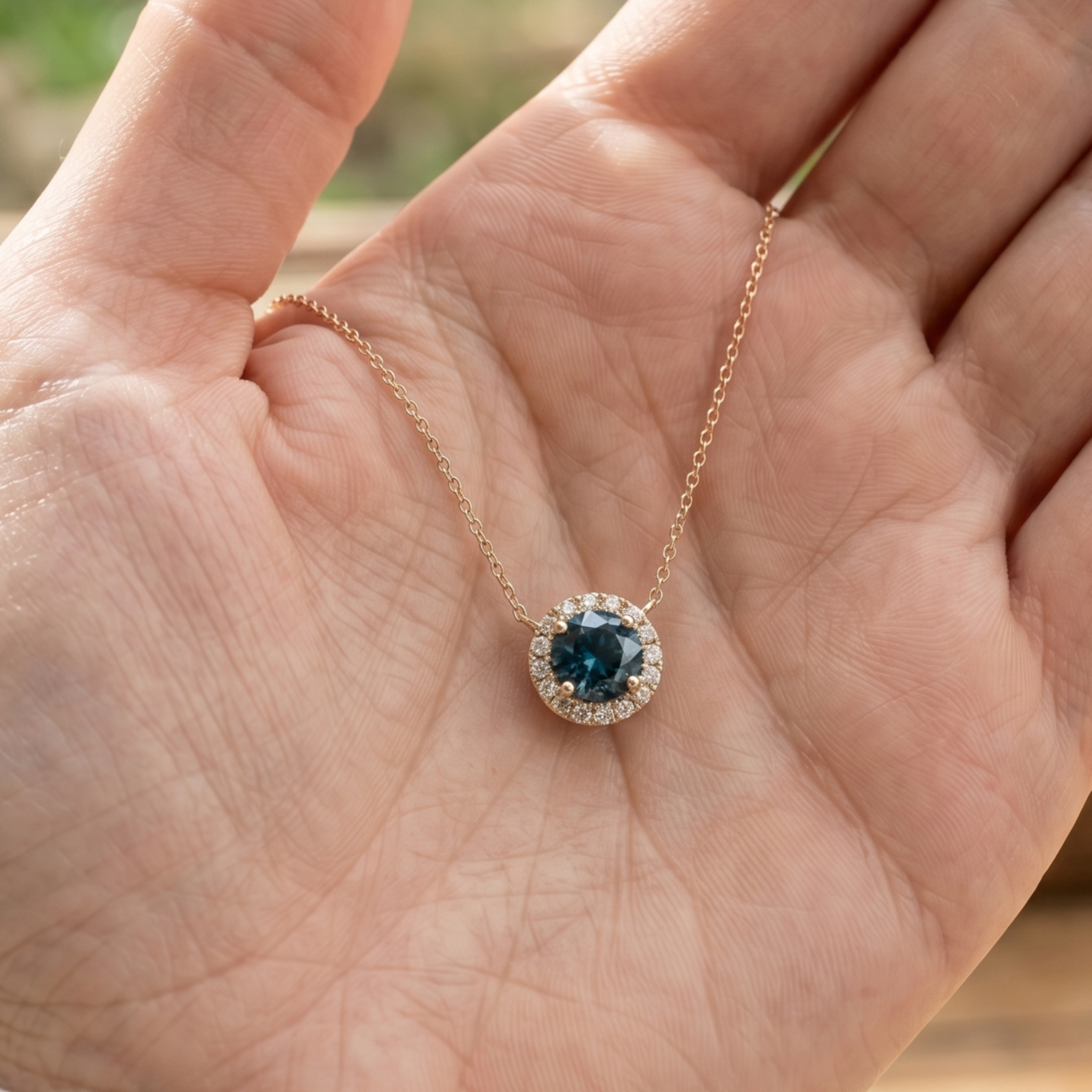 Azure Halo 1.12 CT Blue Gemstone & Diamond Necklace in 9K, 14K & 18K Gold