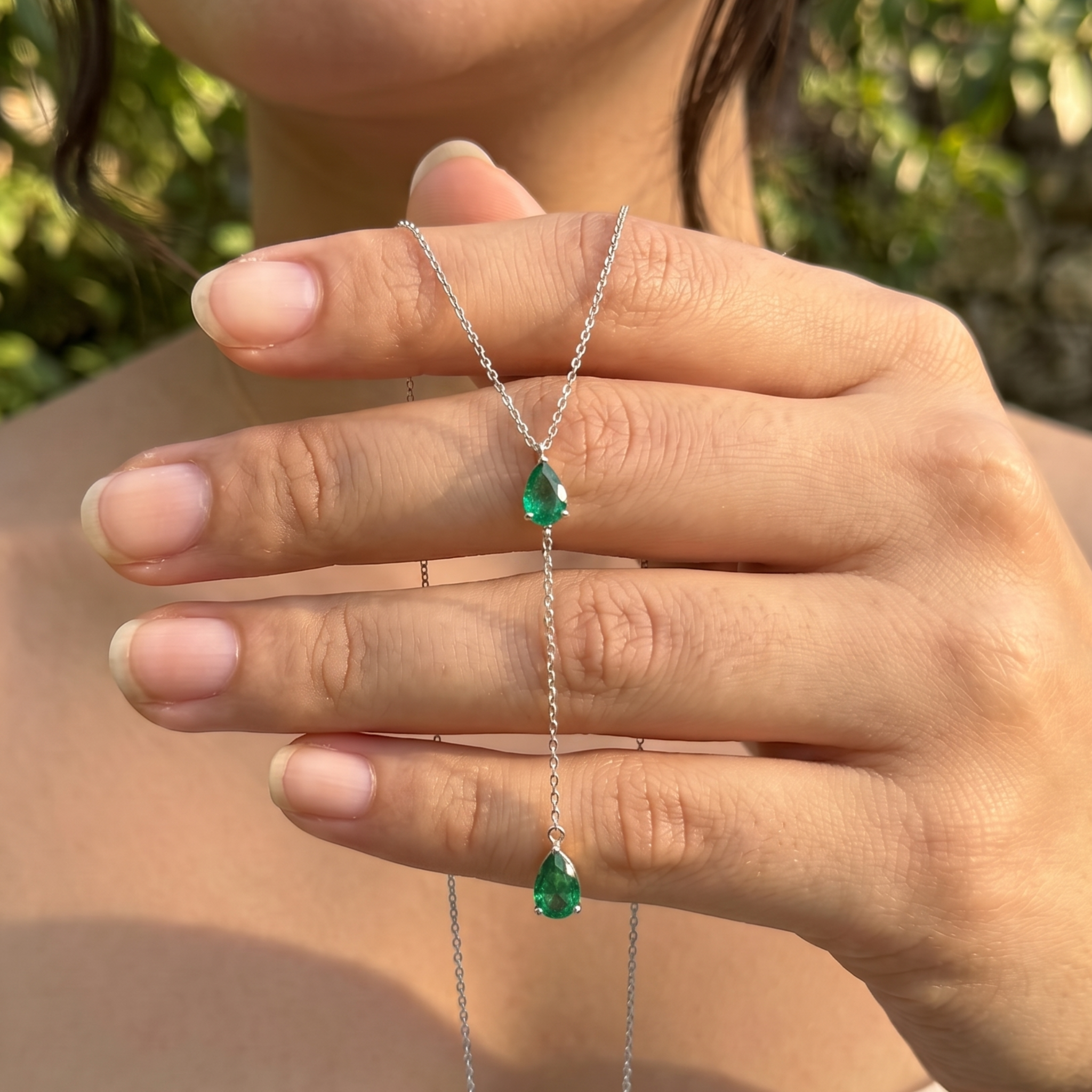 Emerald Drop 1.50 CTW pear gemstone Y-necklace by Kiashaa Jewellery with two 7 × 5 mm green pear stones.