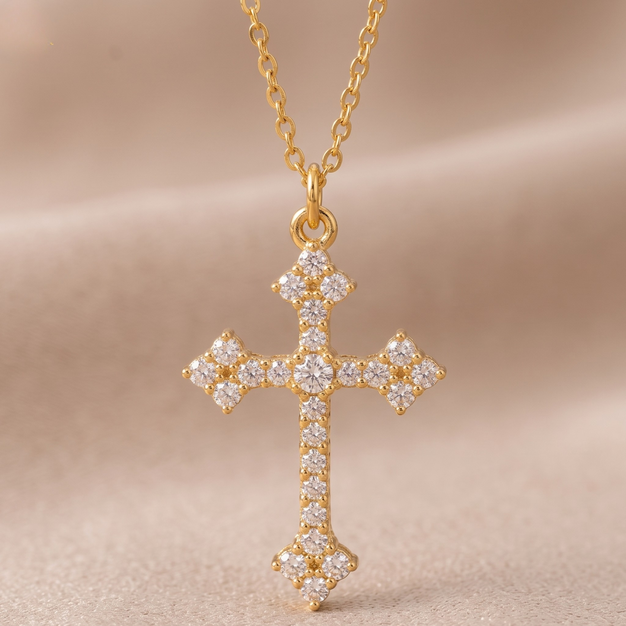 Close-up of a diamond cross necklace with a 2.00 mm center diamond.