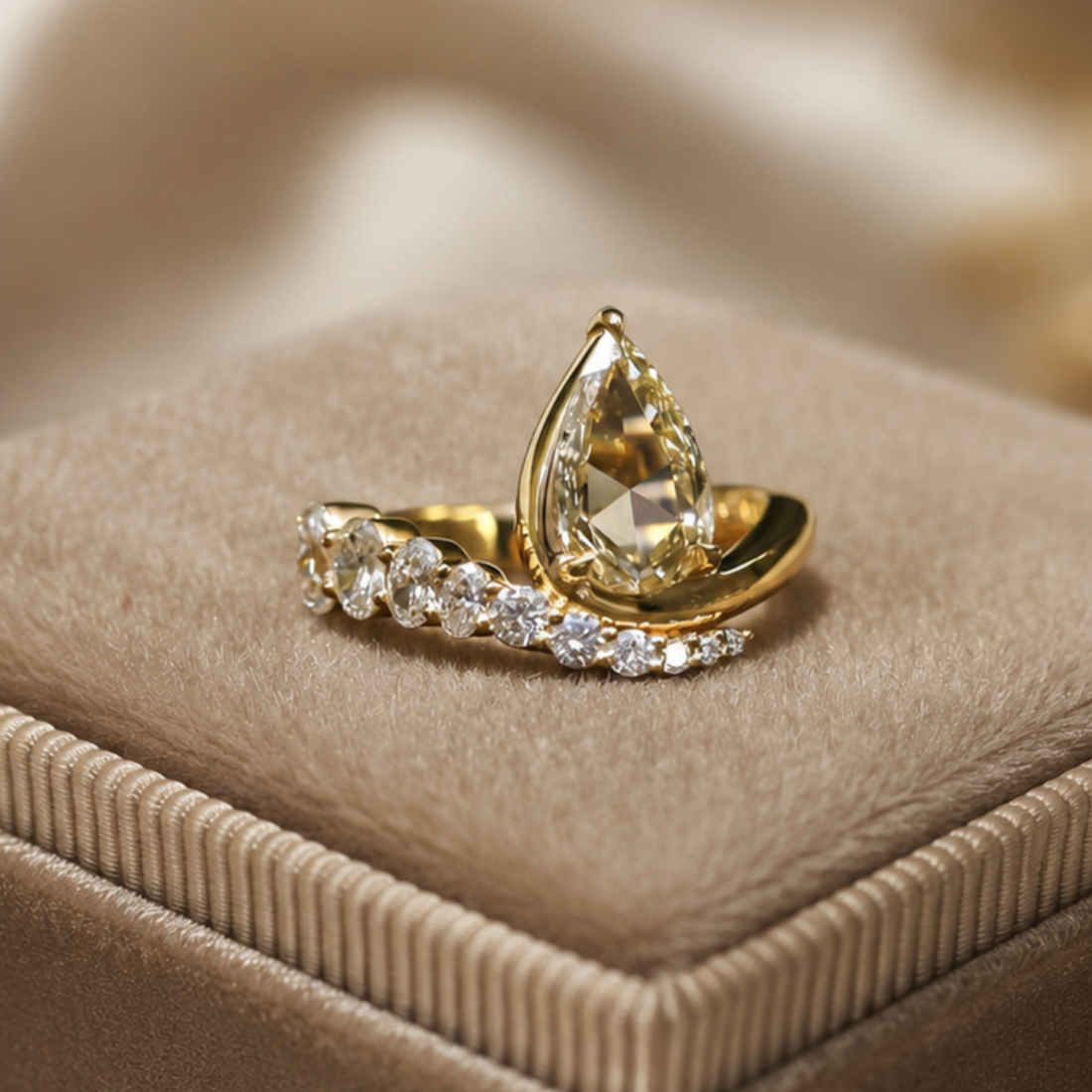 Aurelia 4.50 CTW pear diamond bypass ring by Kiashaa Jewellery featuring a 3 CT pear center diamond in polished yellow gold.