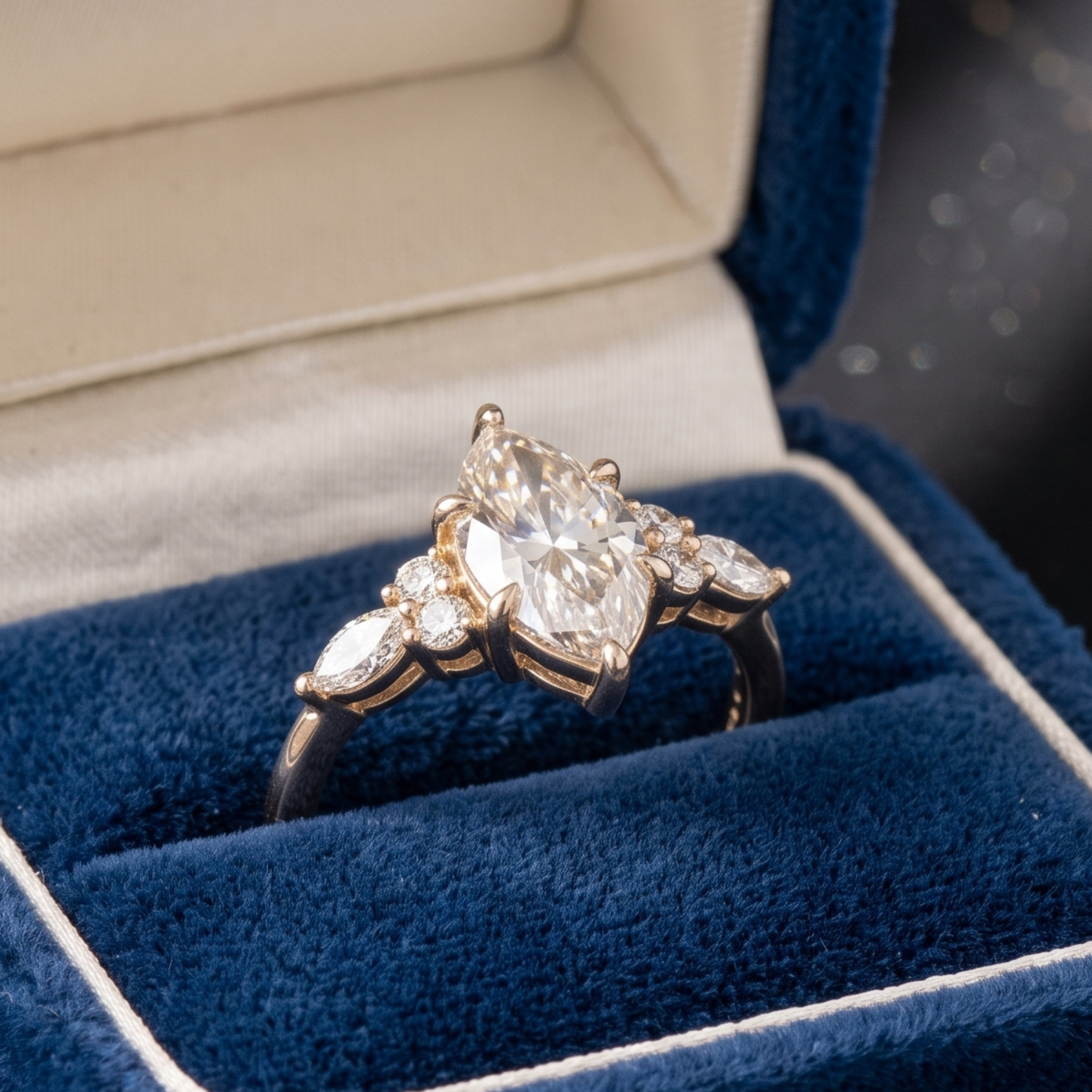 Nature-inspired marquise diamond ring available in white yellow and rose gold