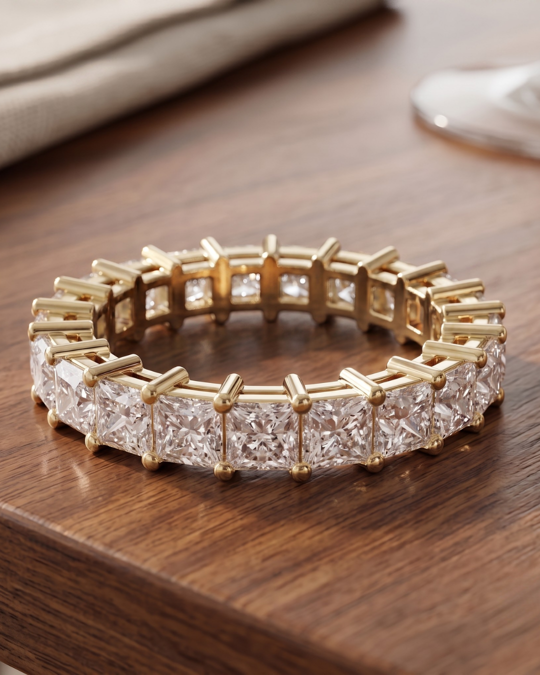 Kiashaa Jewellery 4 carat princess-cut lab-grown diamond ring in yellow gold with timeless eternity styling.