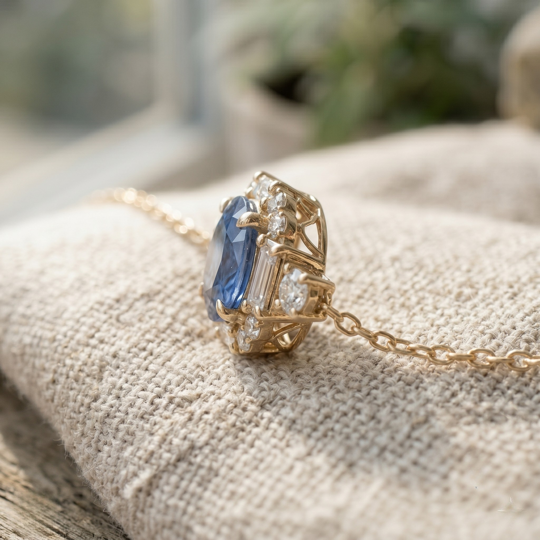 Blue oval gemstone halo bracelet with lab-grown diamonds by Kiashaa Jewellery.