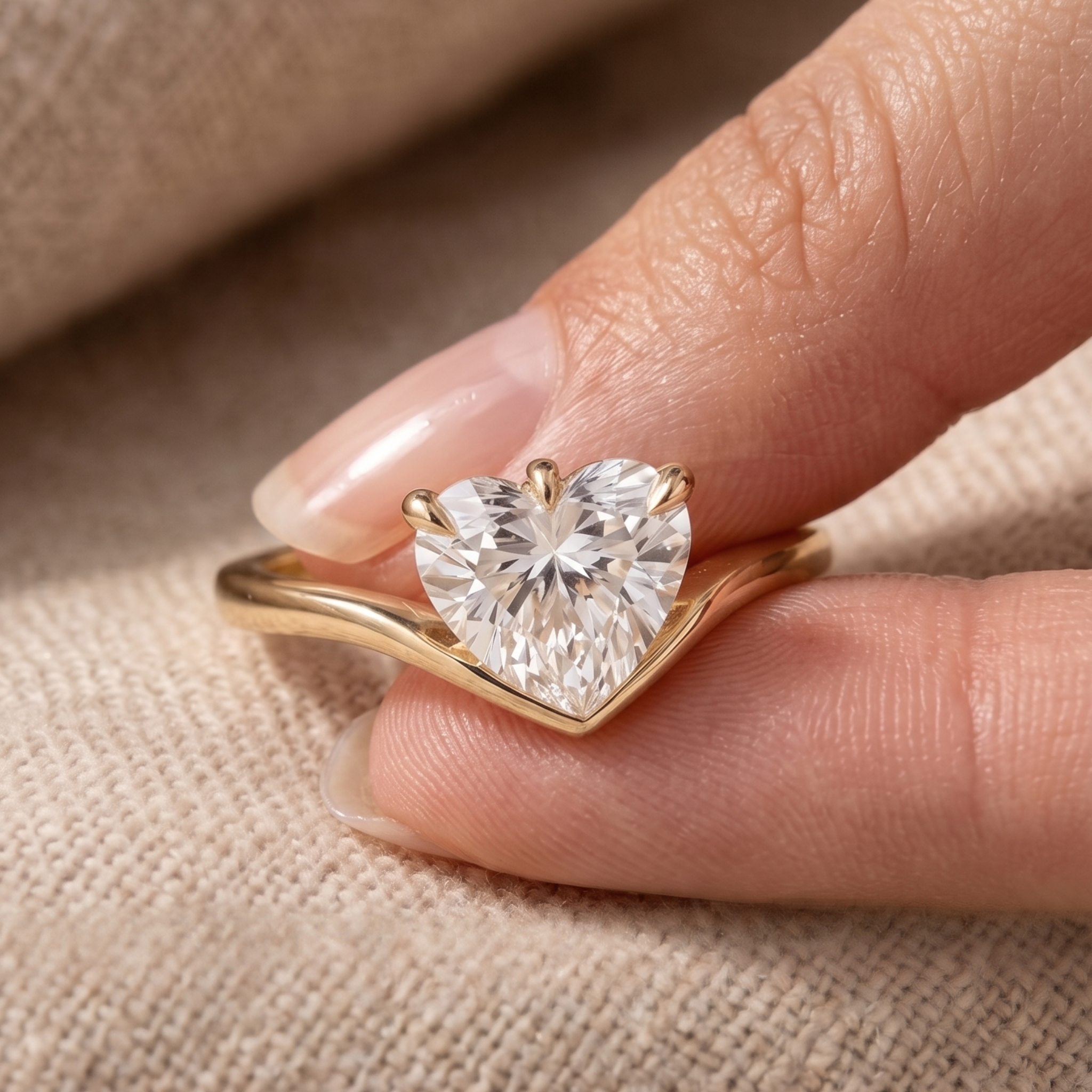 Romantic heart diamond ring with sculptural chevron gold band