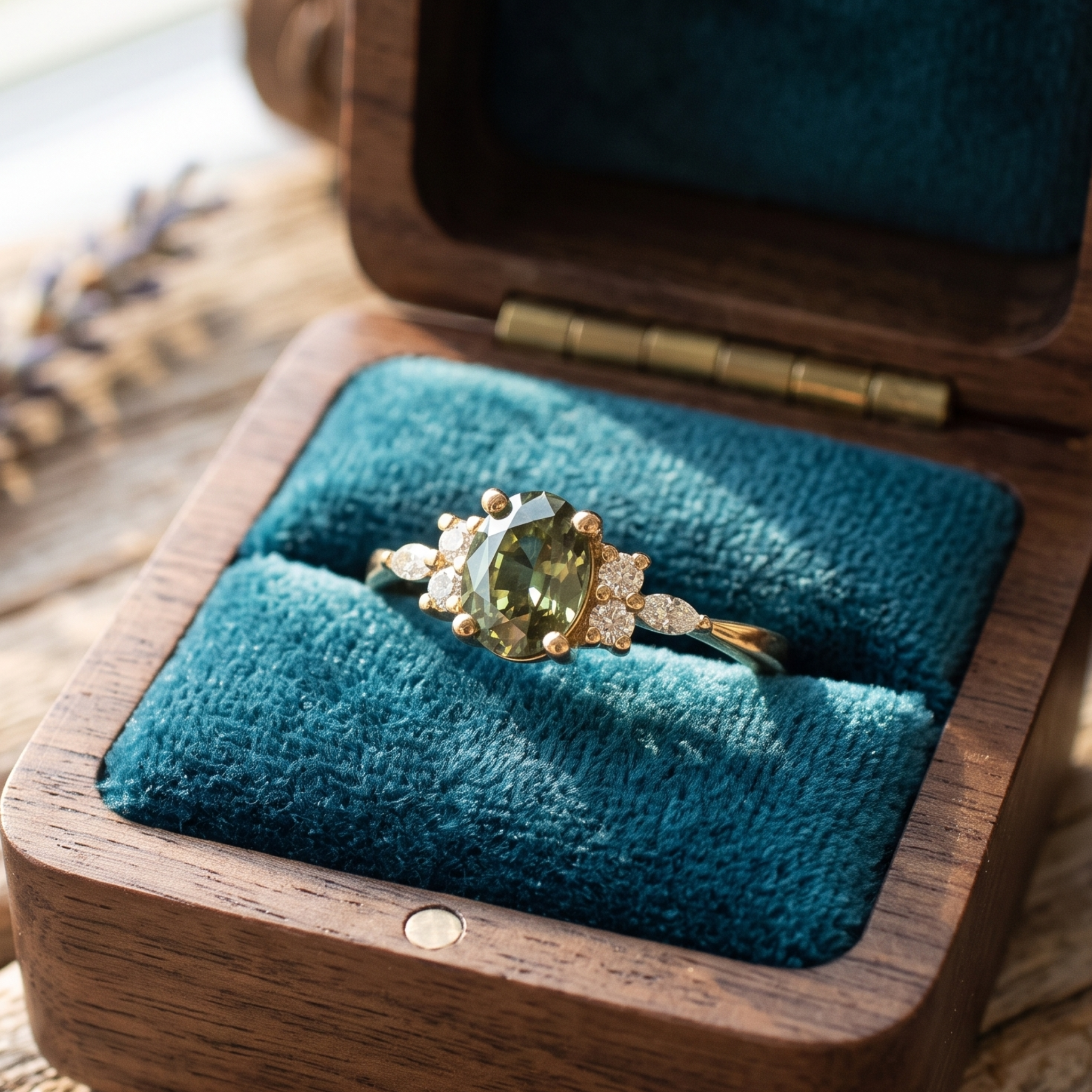 Kiashaa Jewellery 2.664 CTW green oval diamond ring in polished yellow gold.
