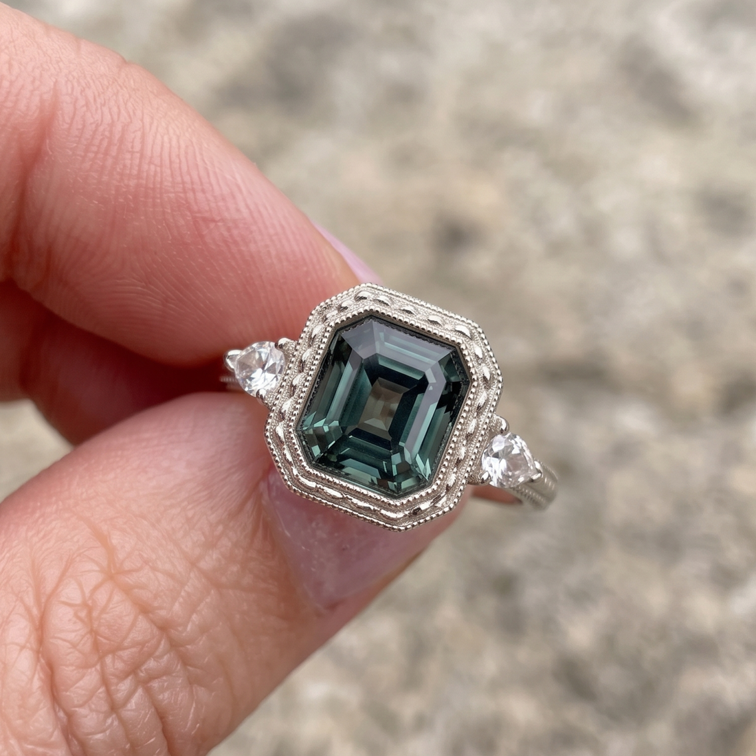 Verdant Regal 3.60 CTW Radiant Green Gemstone & Pear Diamond Ring