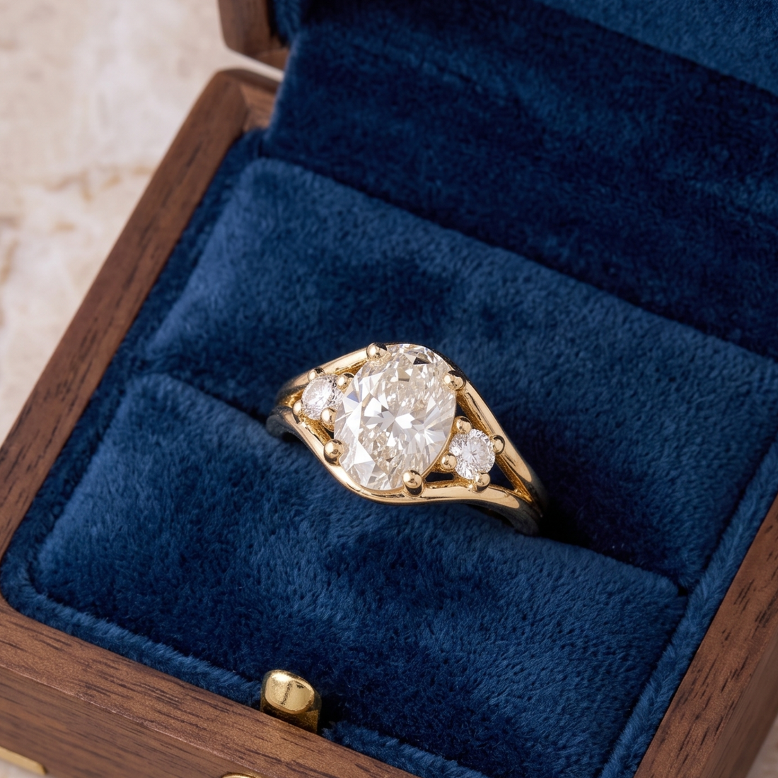 Made-to-order three-stone diamond engagement ring in polished gold