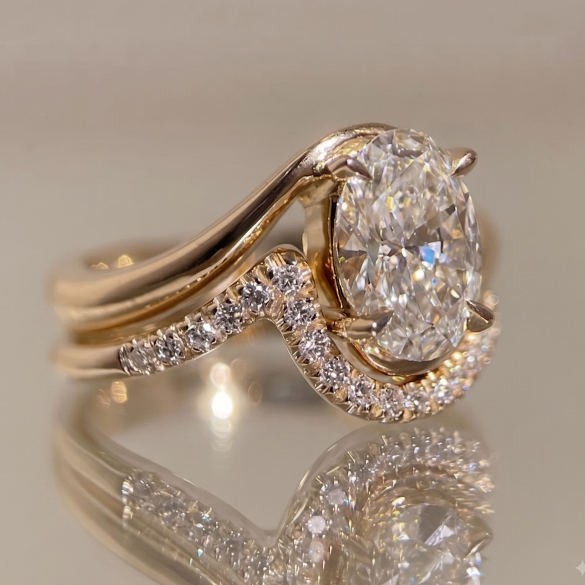 Made-to-order oval diamond wave engagement ring set for women