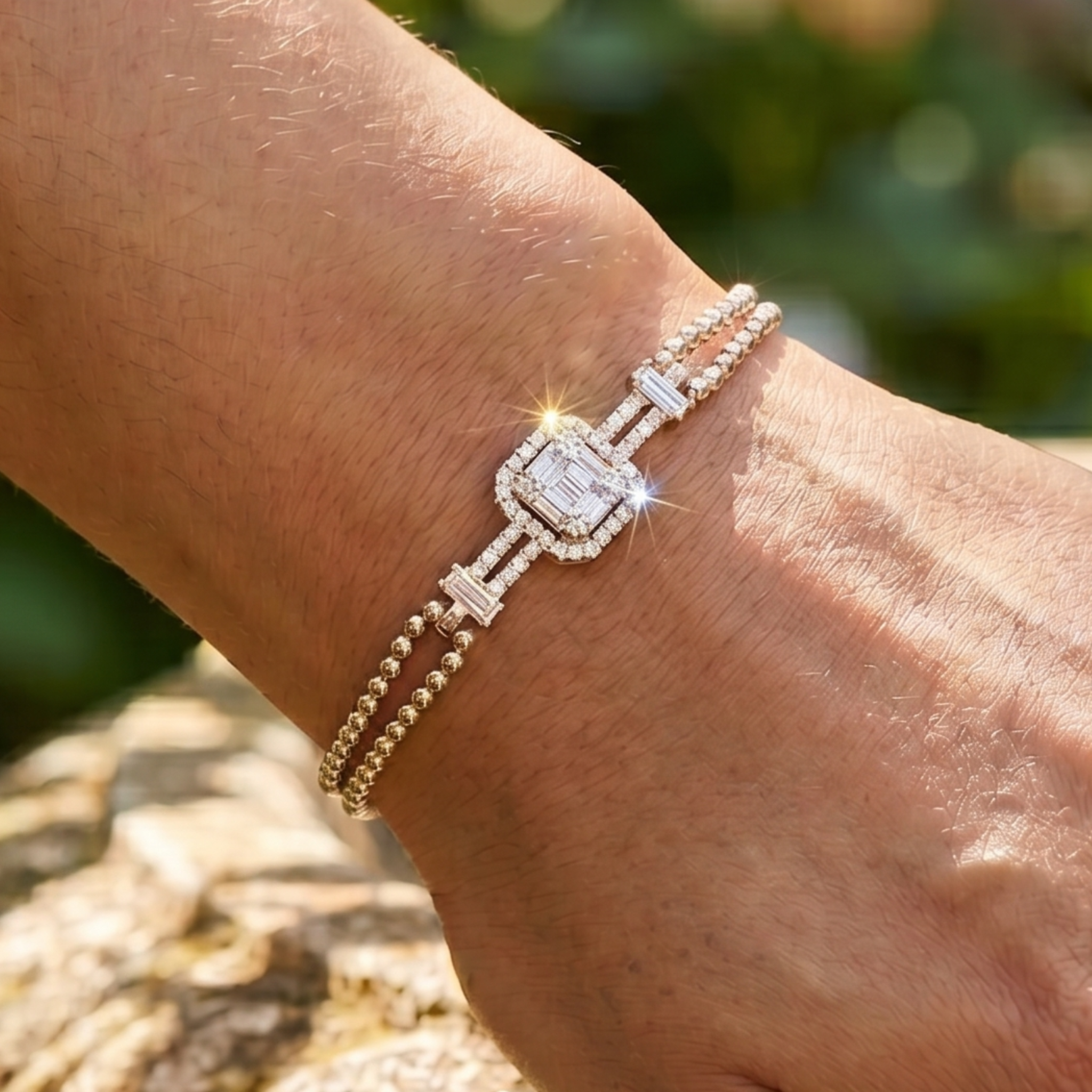 0.60 CT geometric baguette diamond bracelet in rose gold by Kiashaa Jewellery worn on the wrist.
