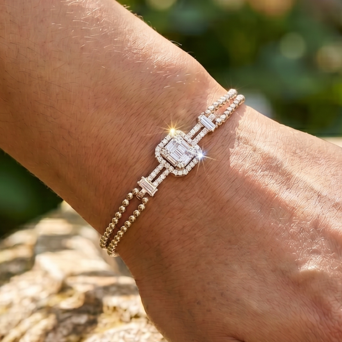 0.60 CT geometric baguette diamond bracelet in rose gold by Kiashaa Jewellery worn on the wrist.