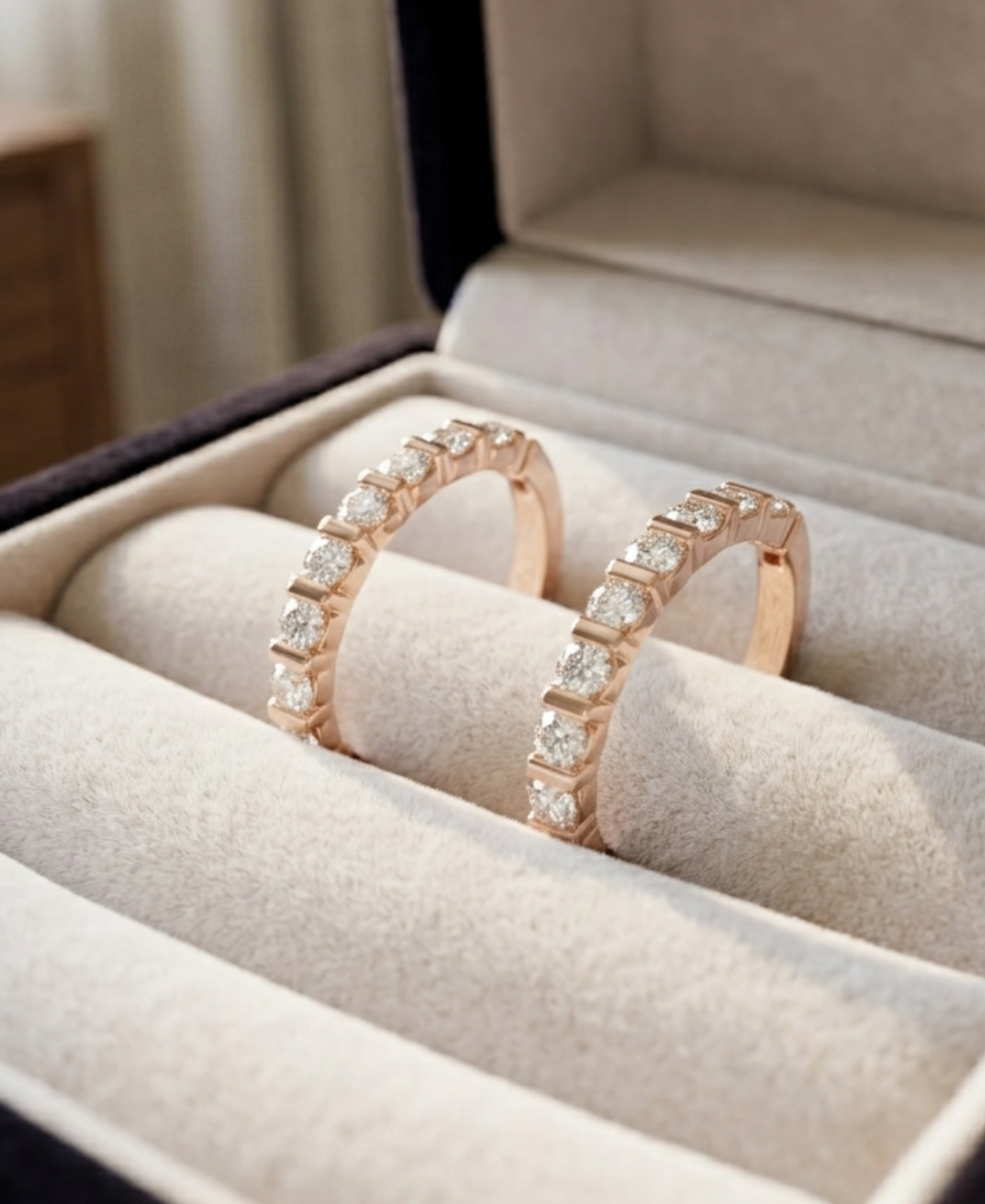 Hand-held view of lab-grown diamond hoop earrings showing their modern proportions and secure latch backs.